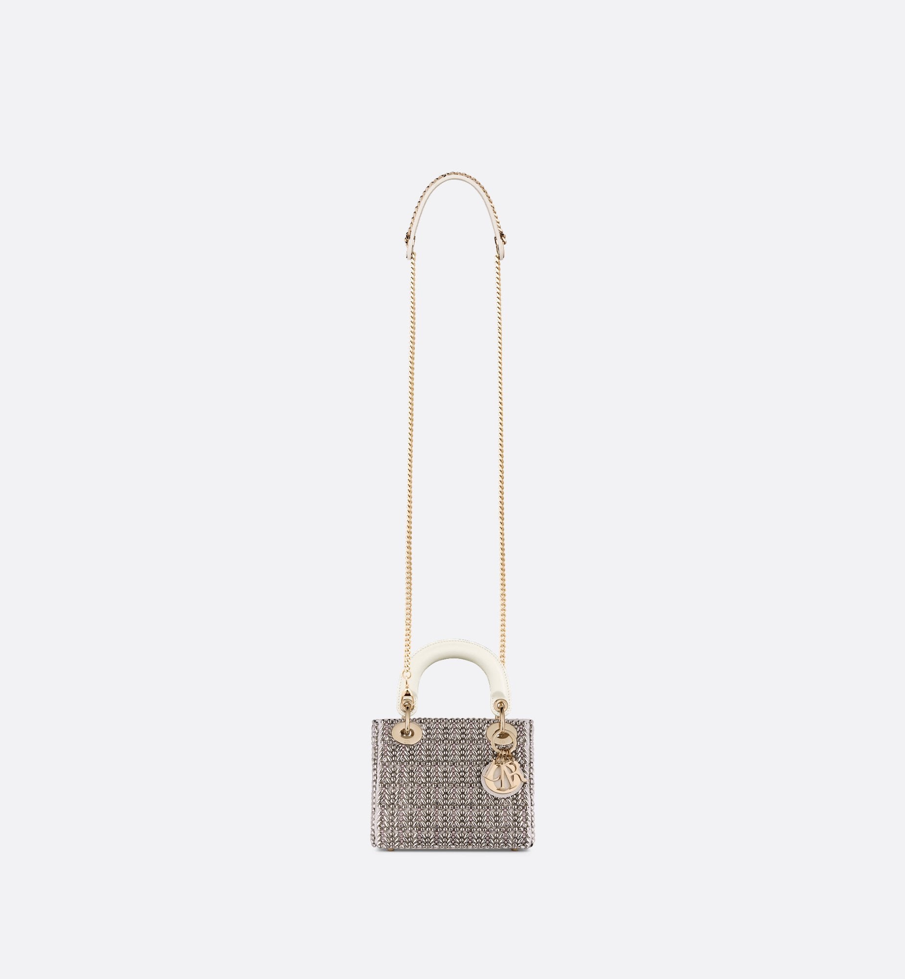 Mini Lady Dior Bag Latte Cotton Embroidered With Silver-Tone Crystals And Beads