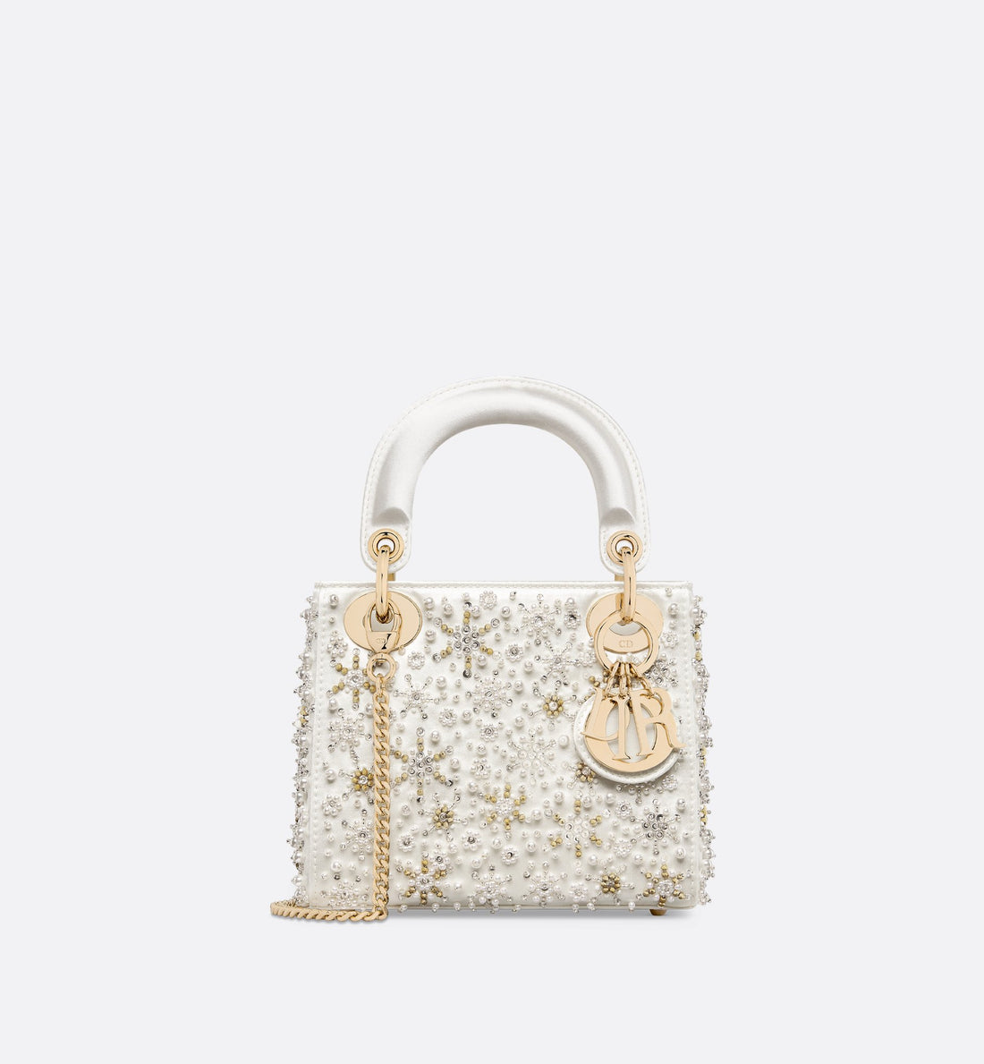 Mini Lady Dior Bag Latte Satin Embroidered With White Resin Pearls