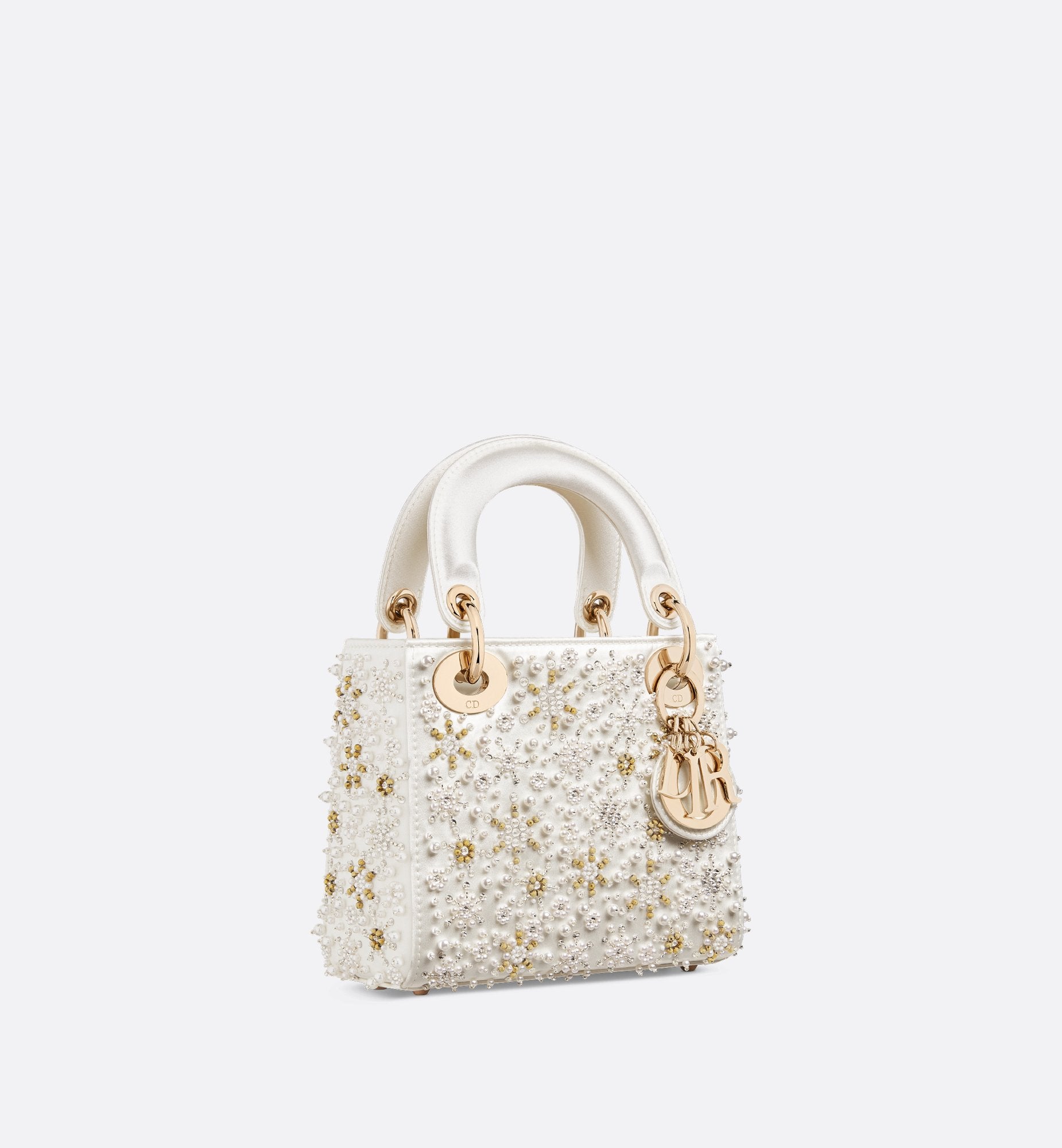 Mini Lady Dior Bag Latte Satin Embroidered With White Resin Pearls