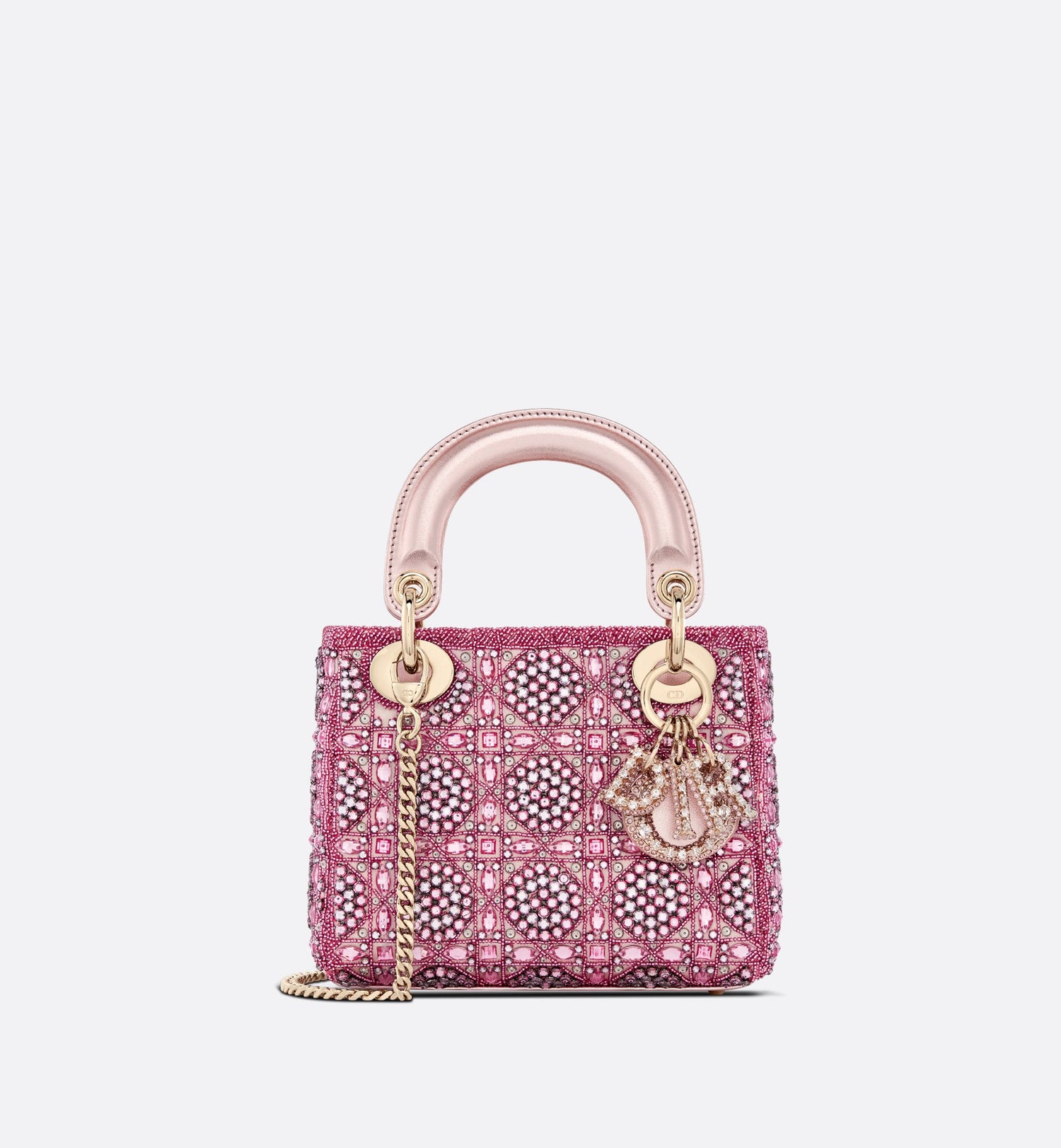 Mini Lady Dior Bag Metallic Calfskin And Satin With Rose Des Vents Resin Pearl Embroidery