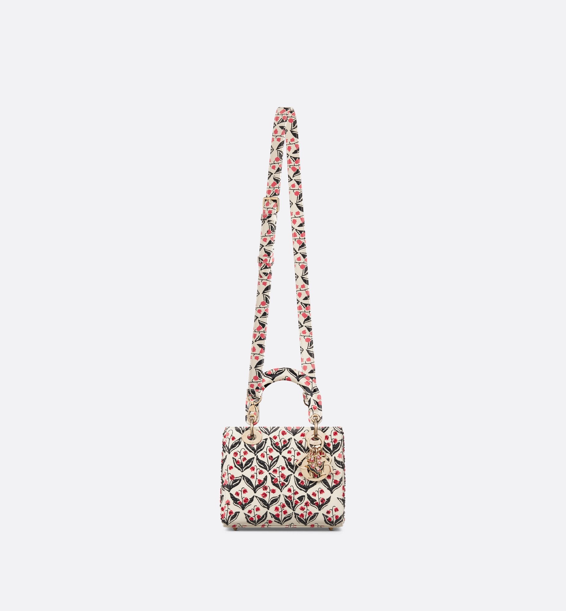 Dioramour Small Lady Dior Bag White Calfskin With Black And Red Dior Lily Of The Valley Print And Embroidery