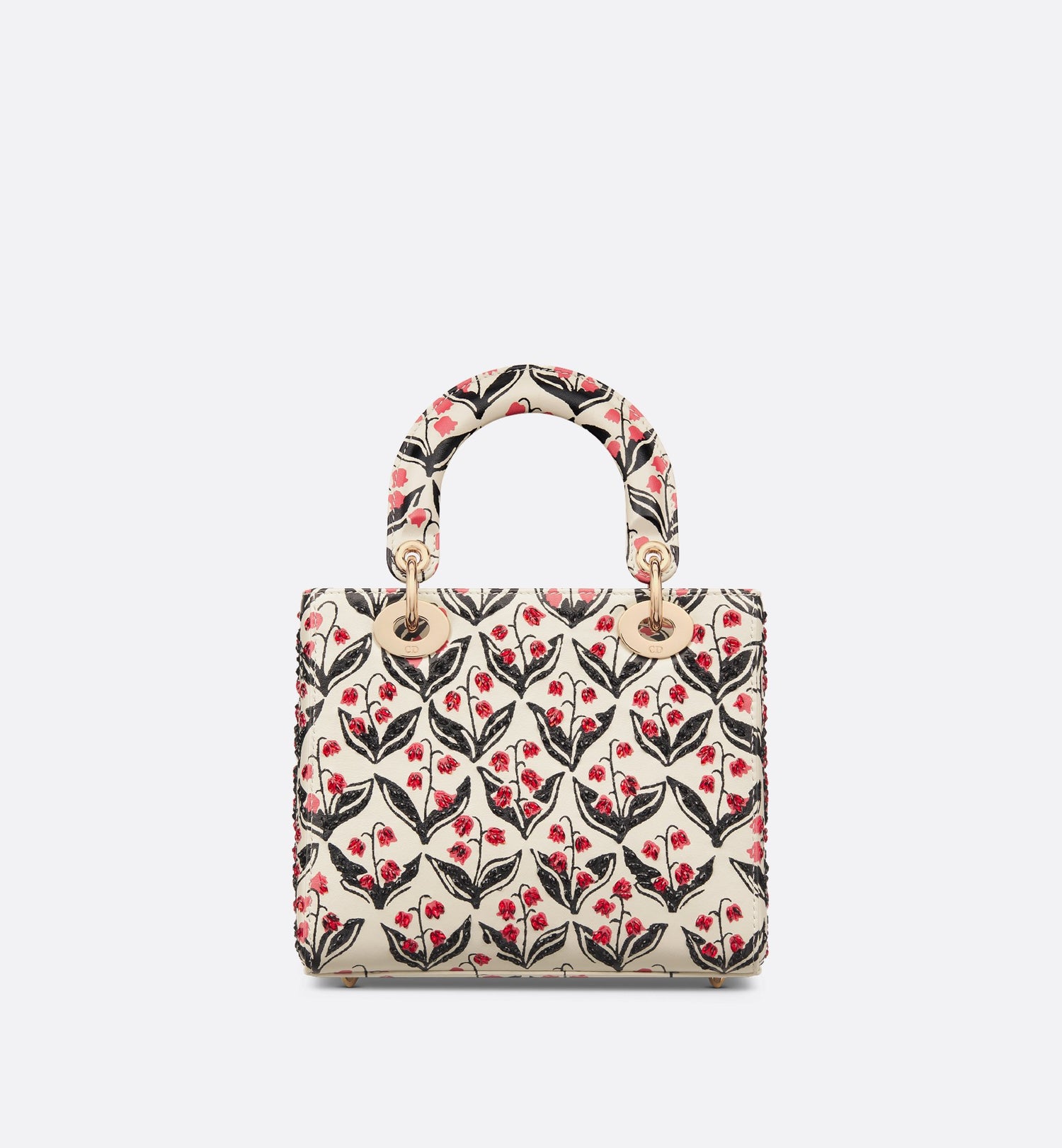 Dioramour Small Lady Dior Bag White Calfskin With Black And Red Dior Lily Of The Valley Print And Embroidery