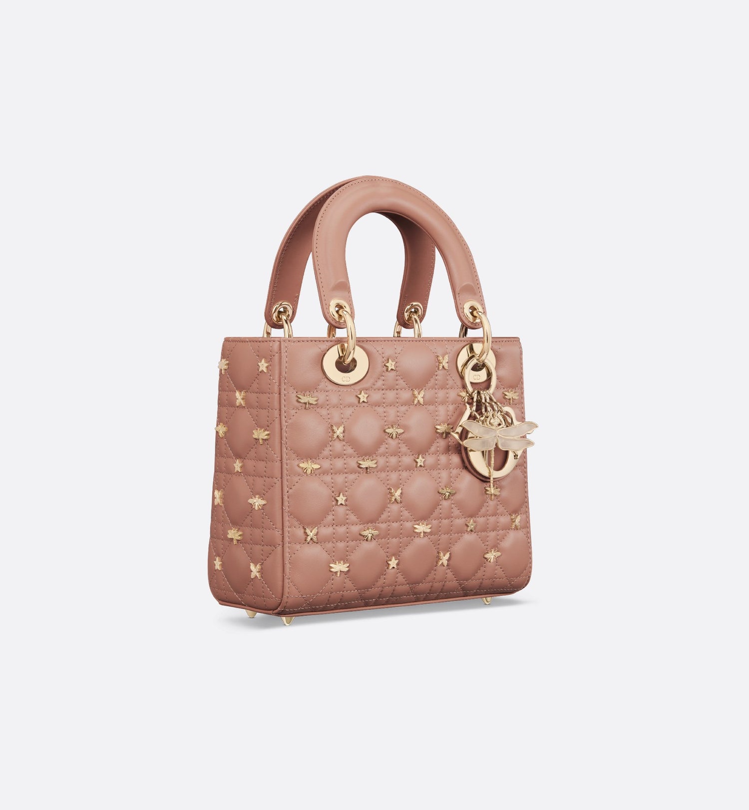 Small Lady Dior My Abcdior Bag Rose Des Vents Cannage Lambskin With Gold-Finish Dragonfly Studs