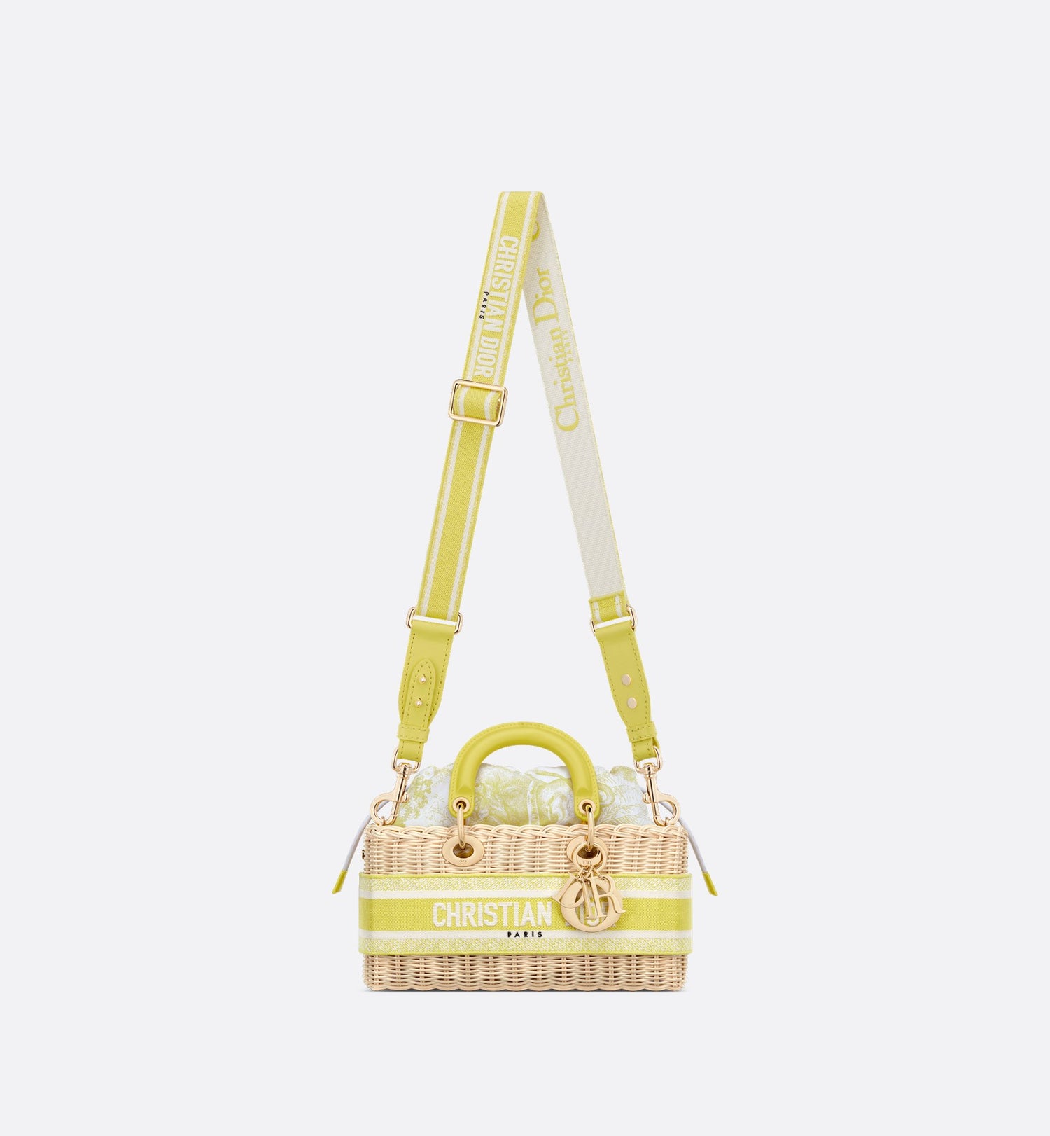 Medium Dioriviera Lady D-Joy Bag Natural Wicker And Lemon Yellow Toile De Jouy Jacquard