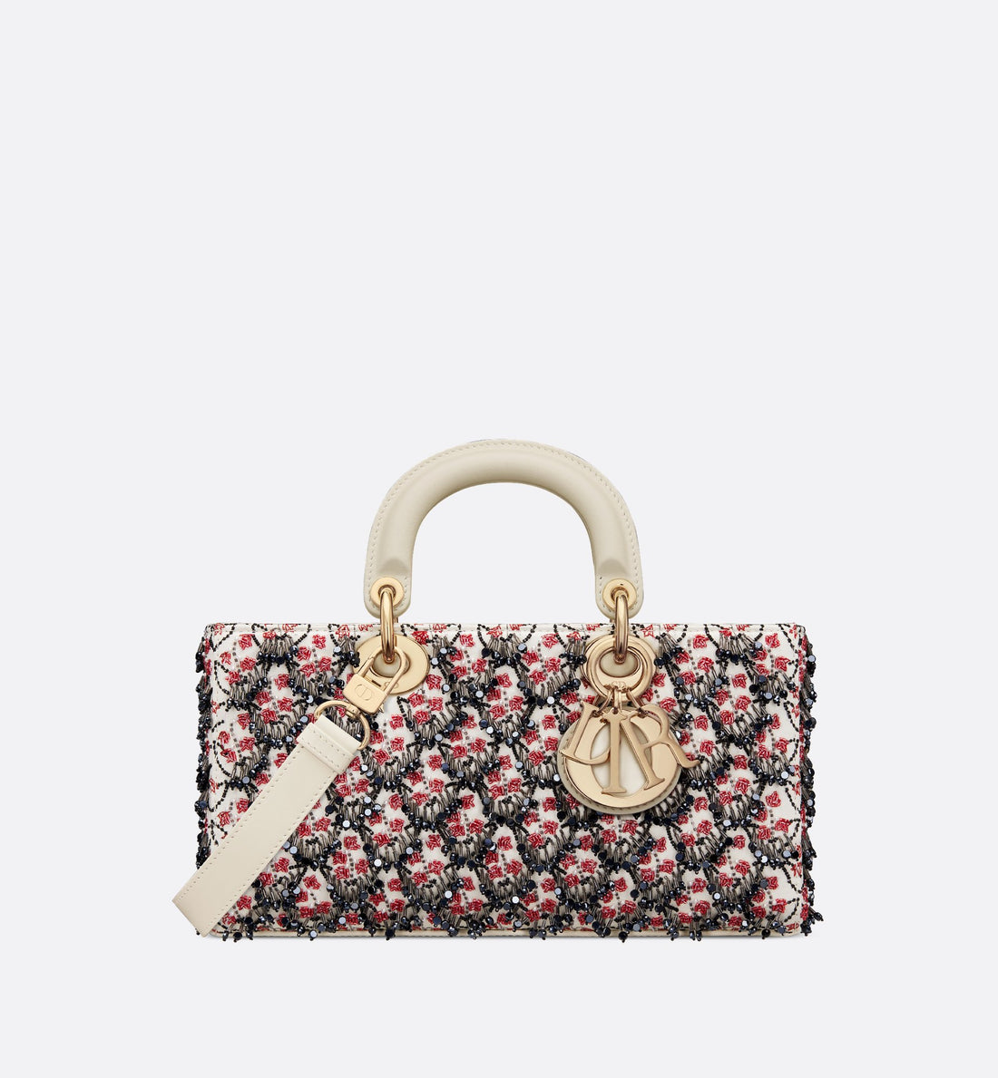 Dioramour Medium Lady D-Joy Bag White Satin With Black And Red Dior Lily Of The Valley Embroidery