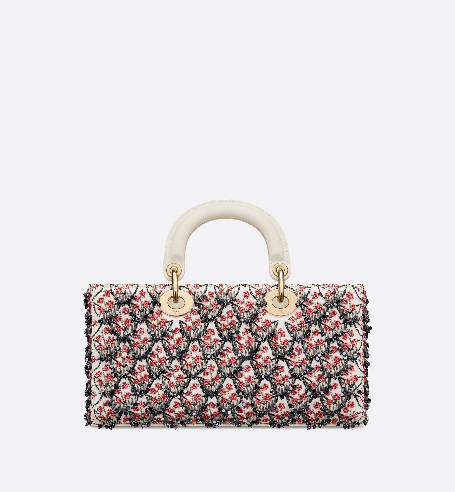 Dioramour Medium Lady D-Joy Bag White Satin With Black And Red Dior Lily Of The Valley Embroidery