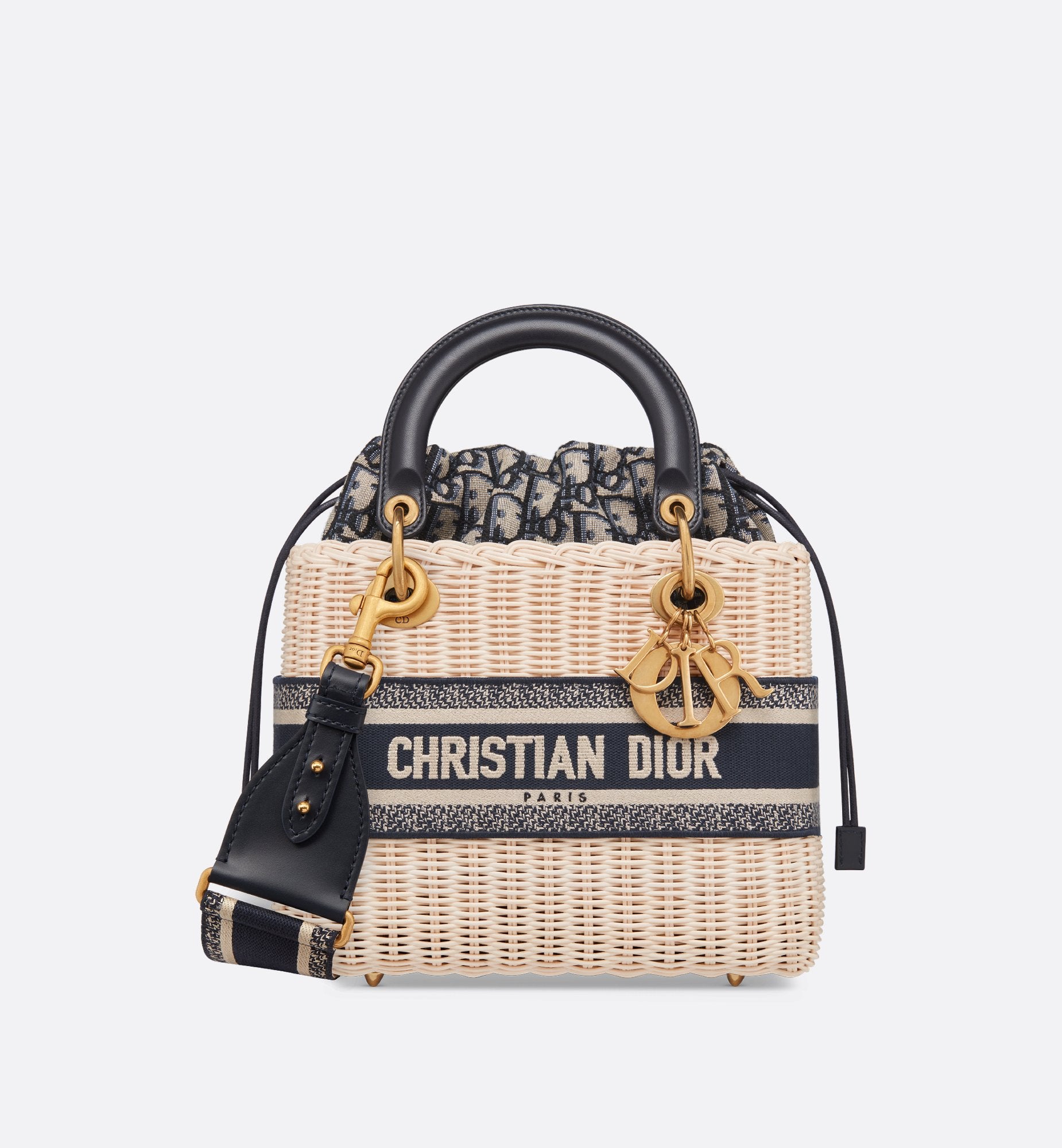 Medium Lady Dior Bag Natural Wicker And Blue Dior Oblique Jacquard Sands