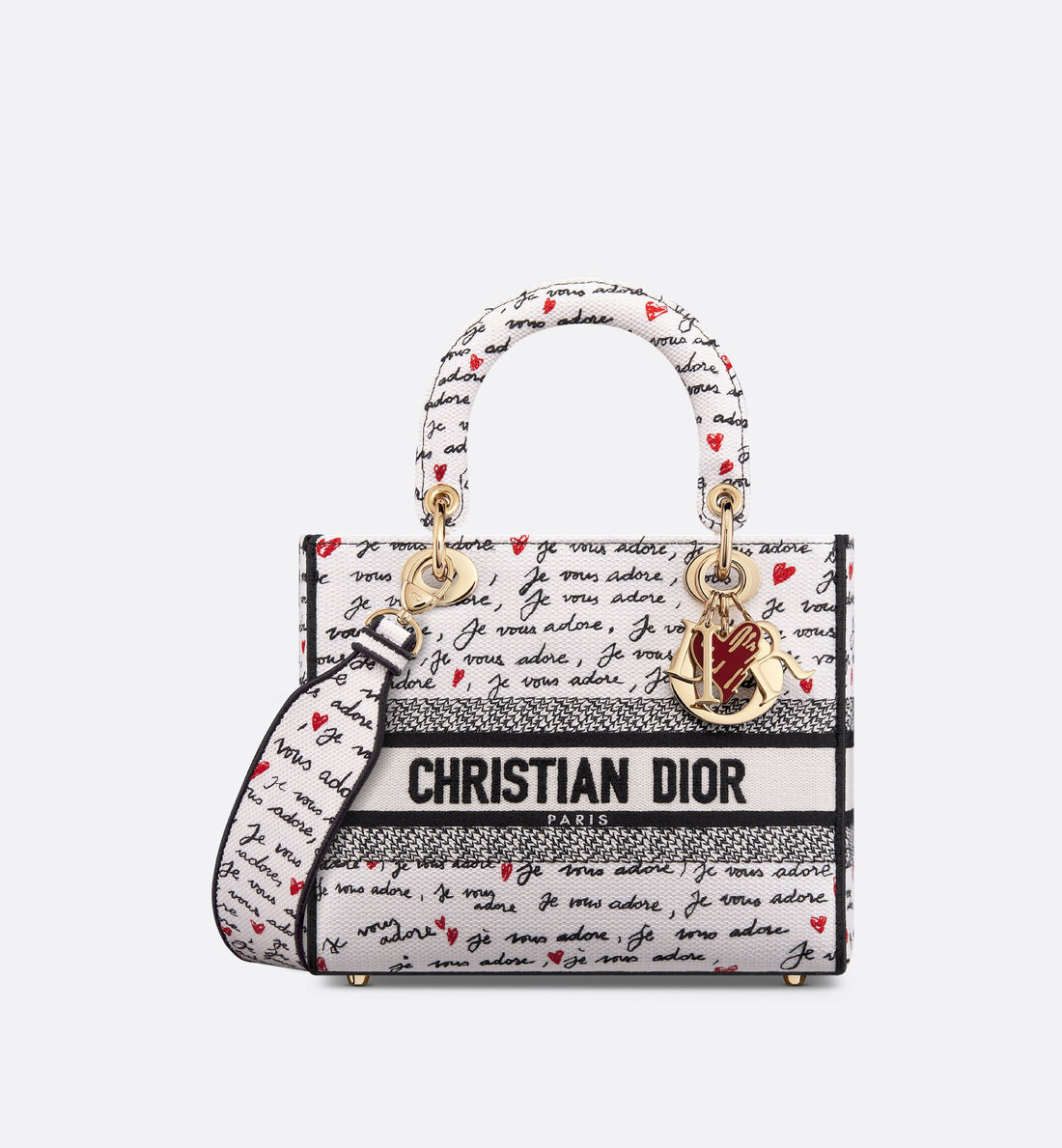 Dioramour Medium Lady D-Lite Bag White Embroidery With Black And Red Je Vous Adore Motif