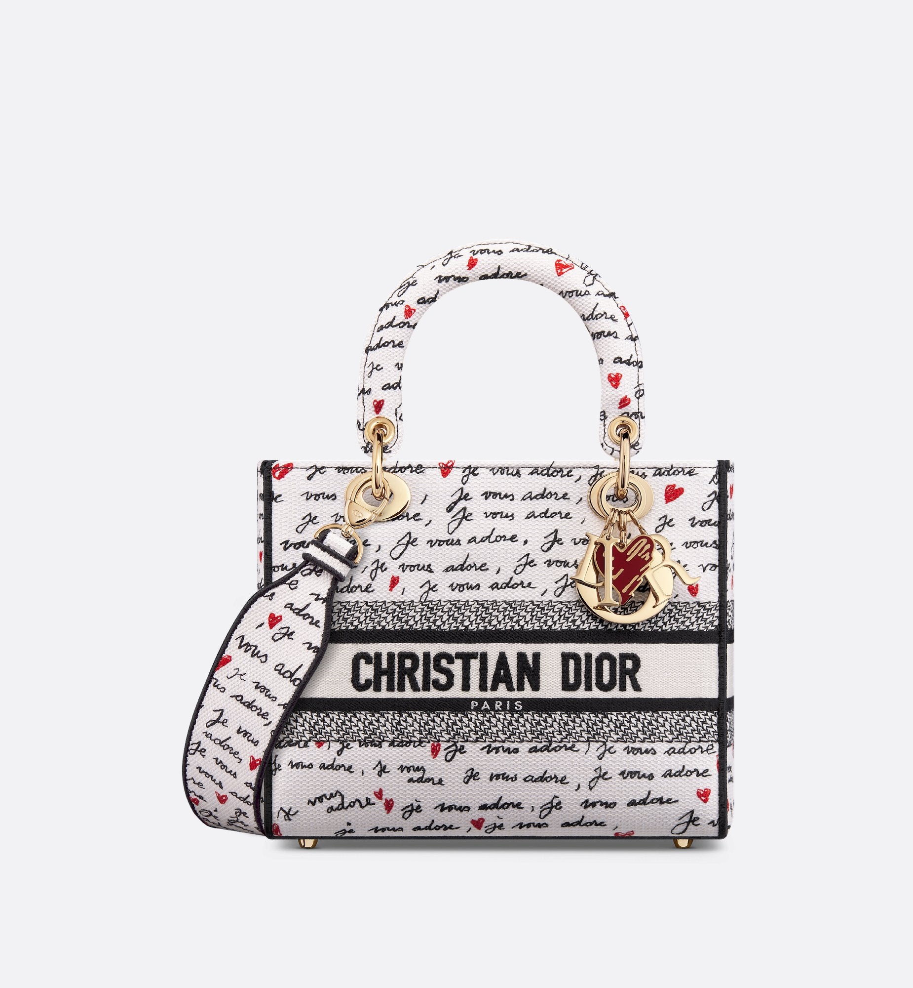 Dioramour Medium Lady D-Lite Bag White Embroidery With Black And Red Je Vous Adore Motif