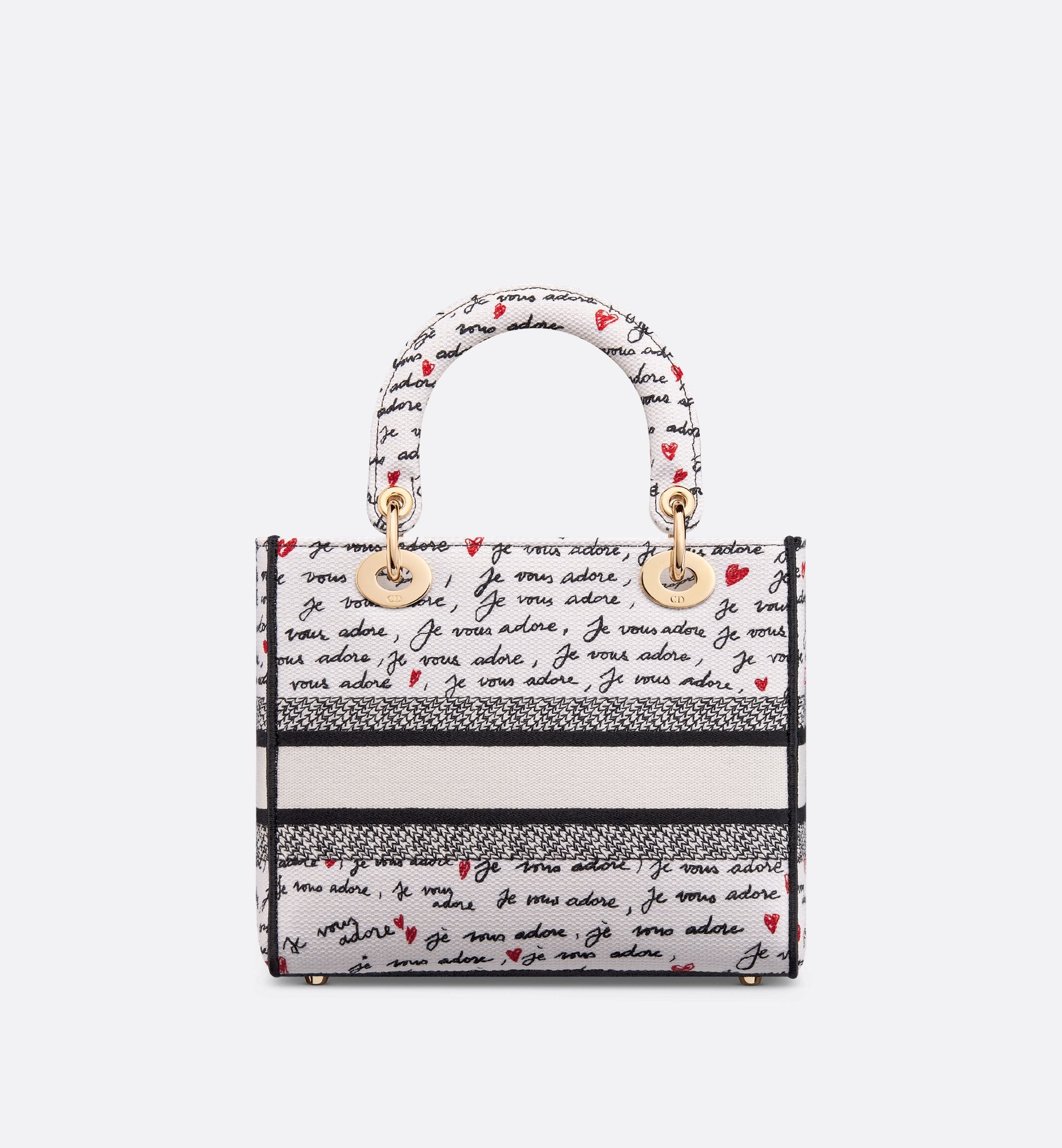 Dioramour Medium Lady D-Lite Bag White Embroidery With Black And Red Je Vous Adore Motif