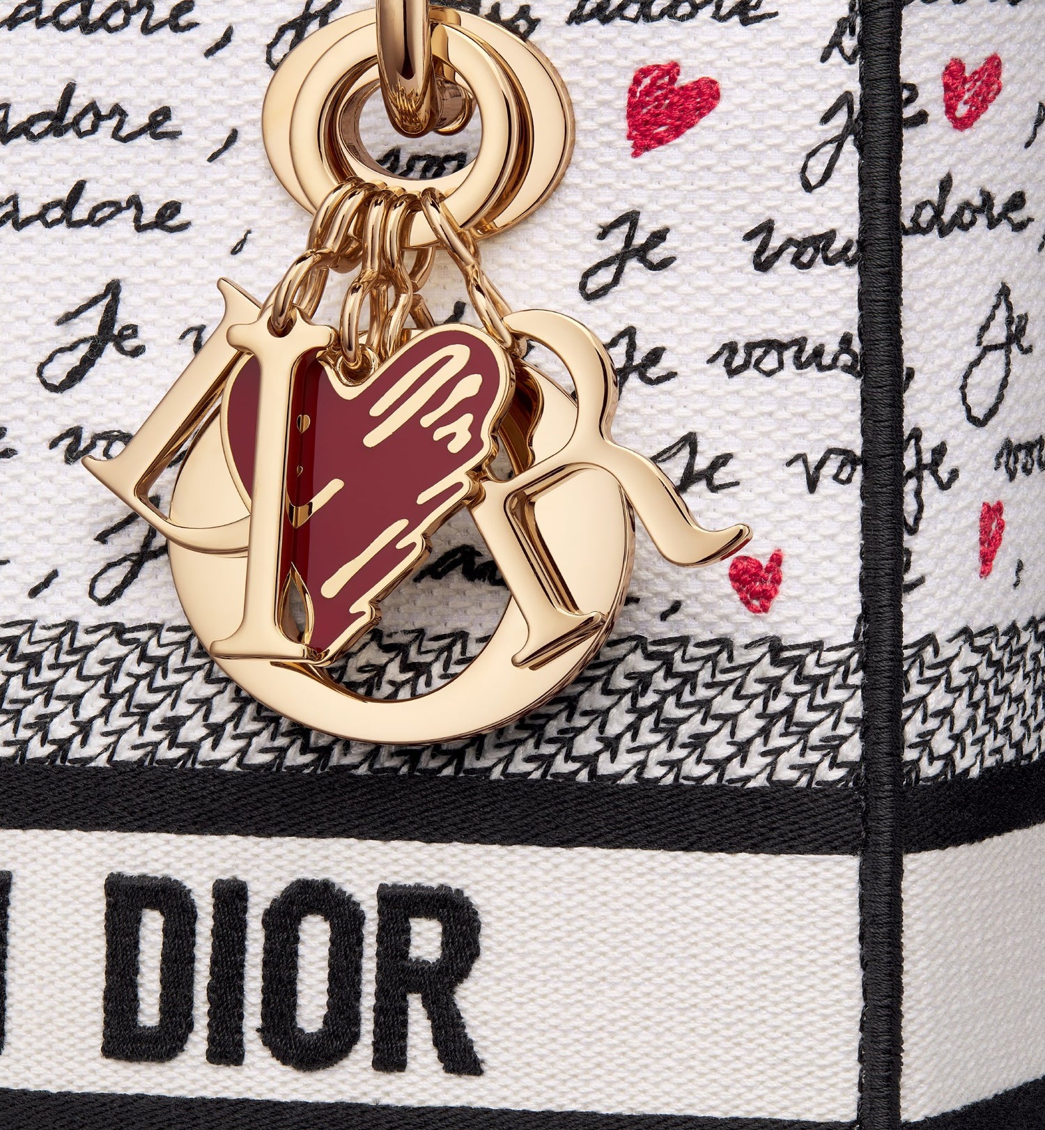 Dioramour Medium Lady D-Lite Bag White Embroidery With Black And Red Je Vous Adore Motif