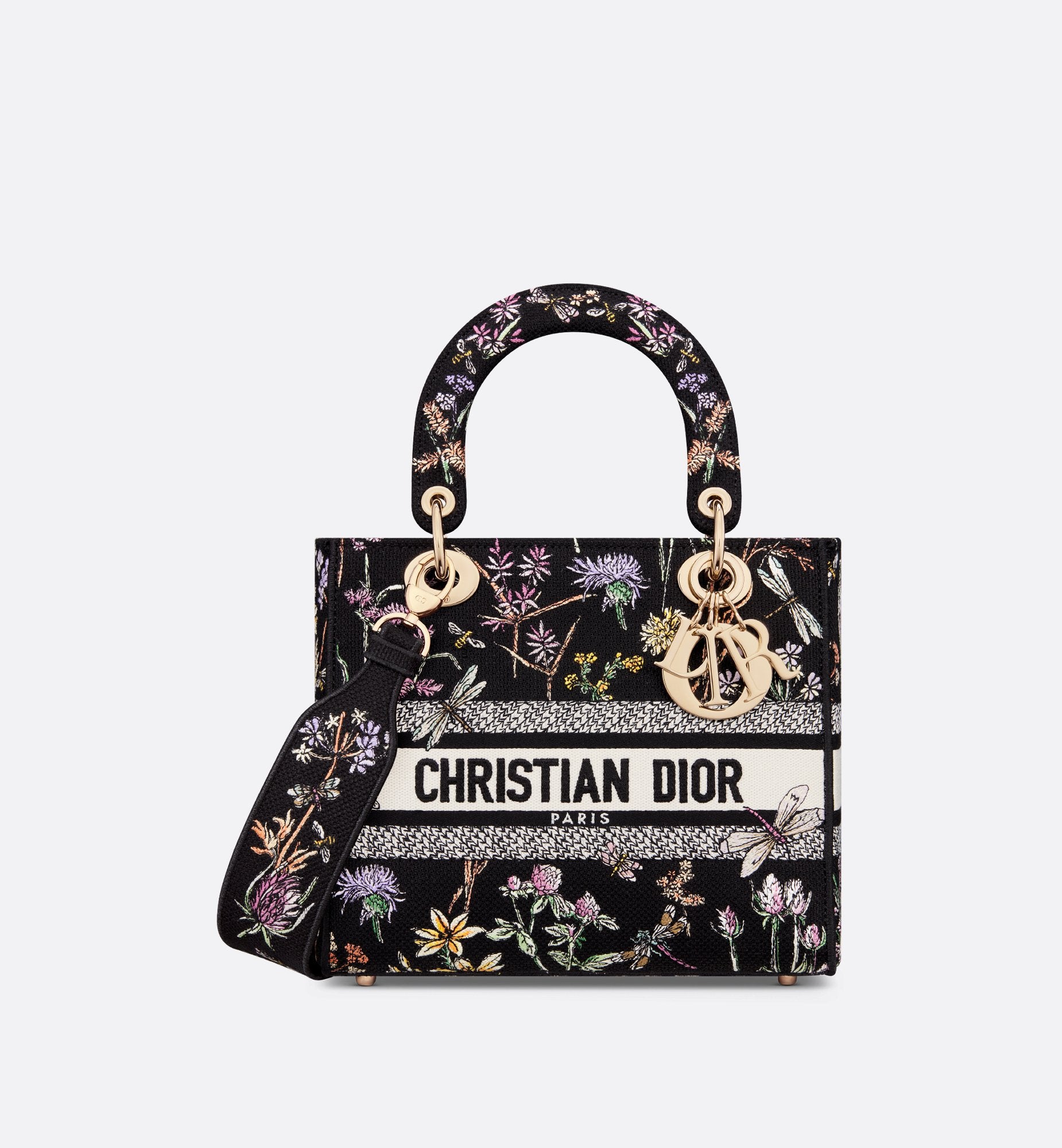 Medium Lady D-Lite Bag Black Multicolor Dior Herbarium Embroidery