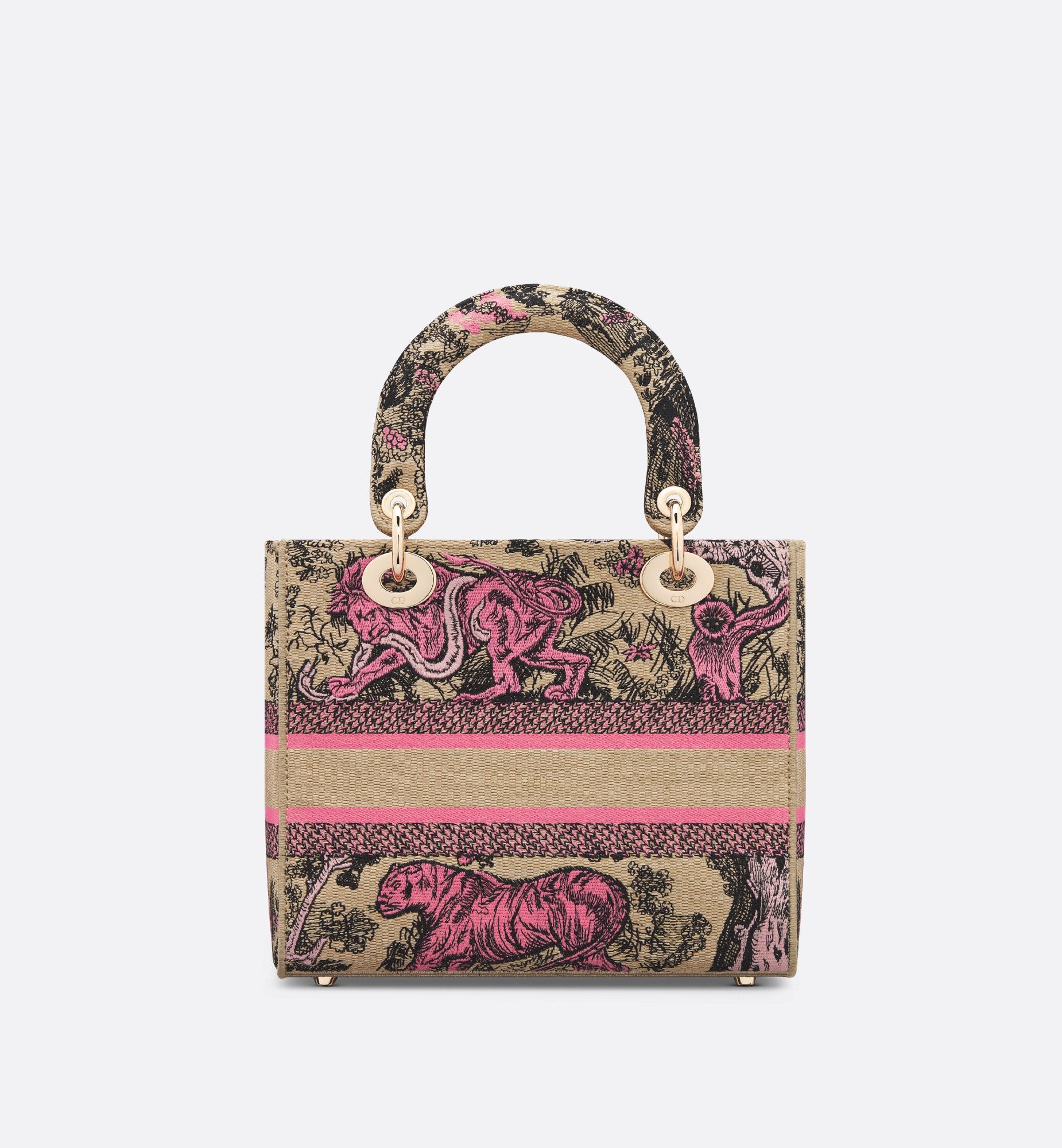 Medium Dioriviera Lady D-Lite Bag Raffia With Candy Pink Toile De Jouy Sauvage Embroidery