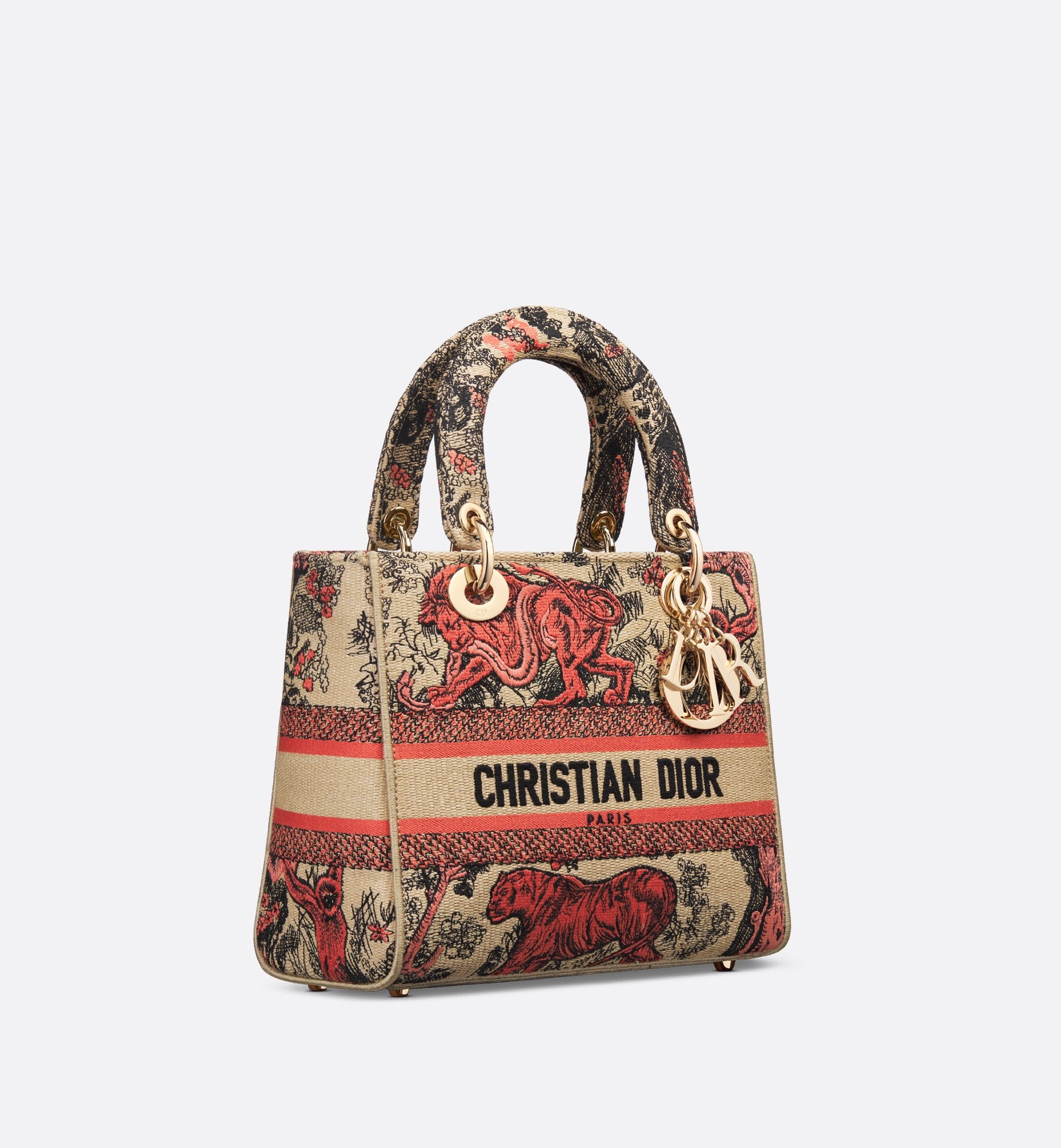 Medium Dioriviera Lady D-Lite Bag Raffia With Coral Toile De Jouy Sauvage Embroidery