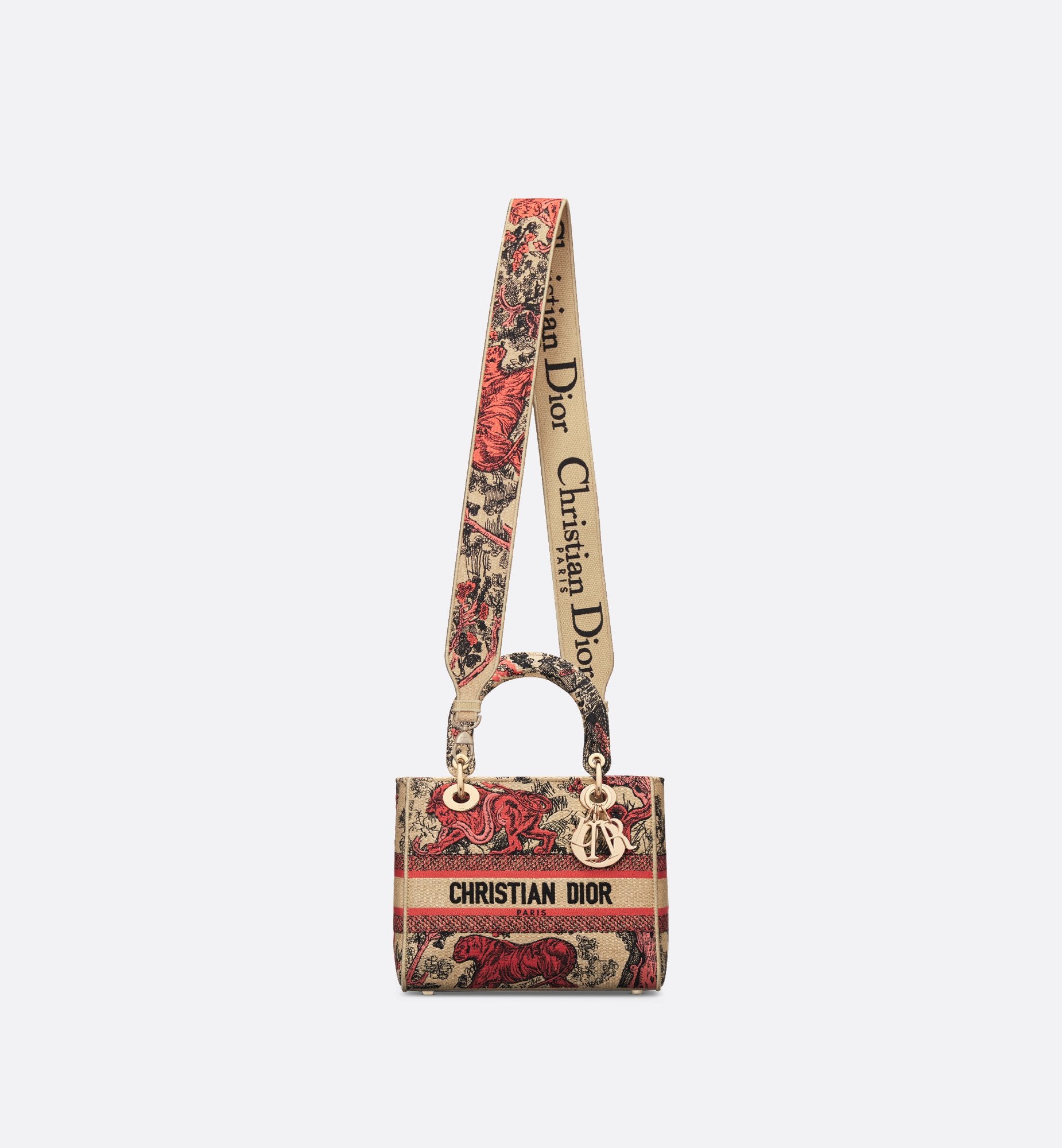 Medium Dioriviera Lady D-Lite Bag Raffia With Coral Toile De Jouy Sauvage Embroidery