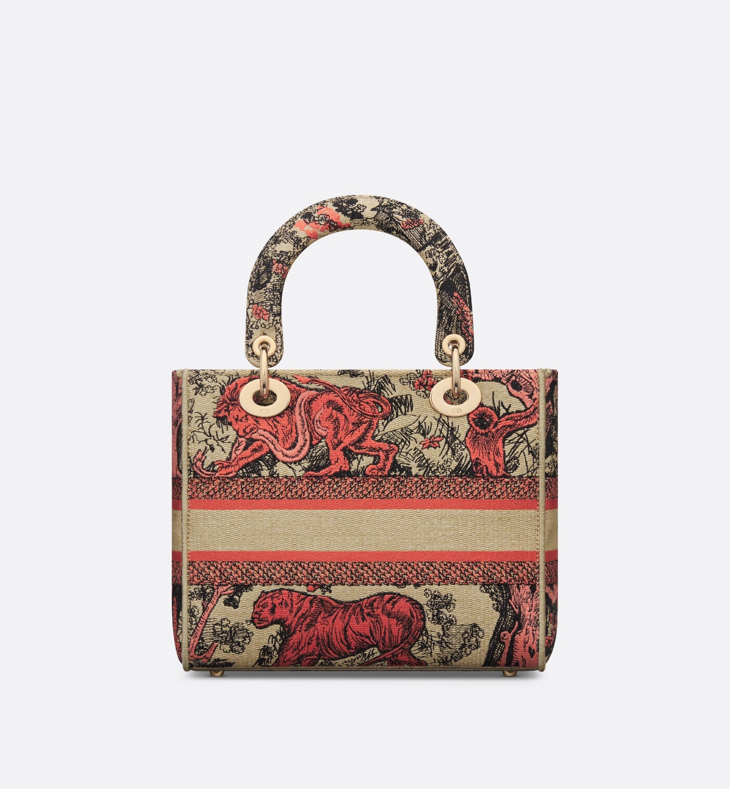 Medium Dioriviera Lady D-Lite Bag Raffia With Coral Toile De Jouy Sauvage Embroidery