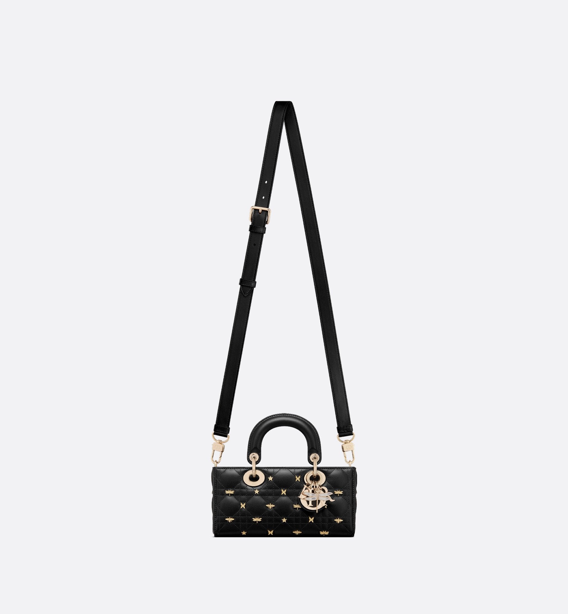 Small Lady D-Joy Bag Black Cannage Lambskin With Gold-Finish Dragonfly Studs