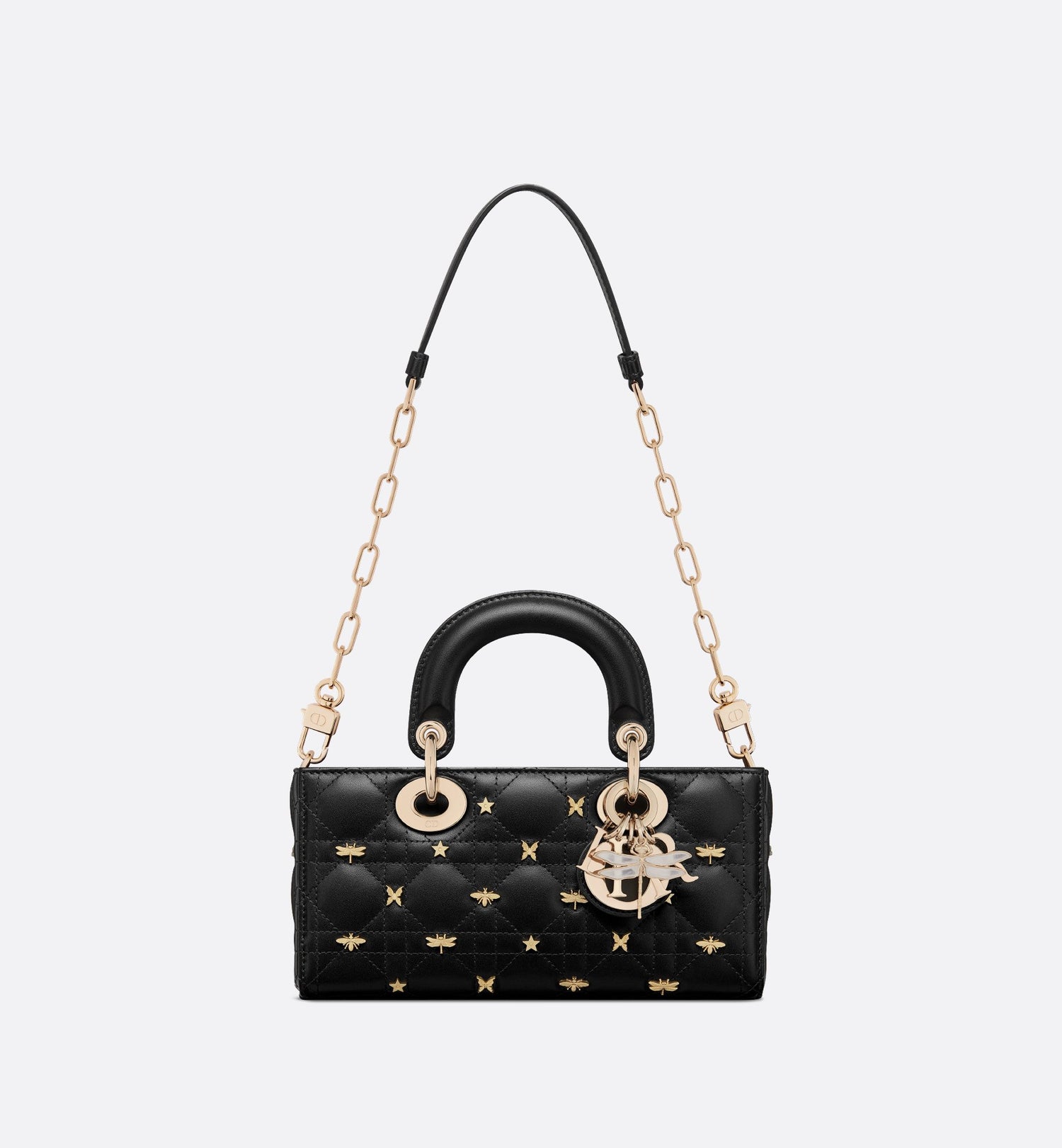 Small Lady D-Joy Bag Black Cannage Lambskin With Gold-Finish Dragonfly Studs