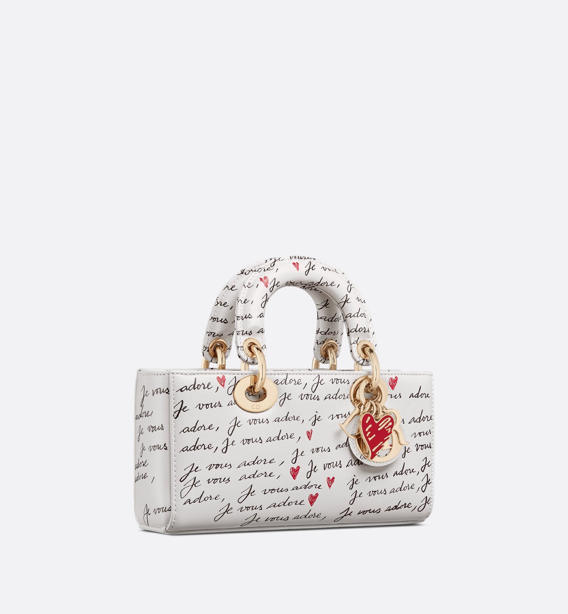 Dioramour Small Lady D-Joy Bag White Calfskin With Black And Red Je Vous Adore Print