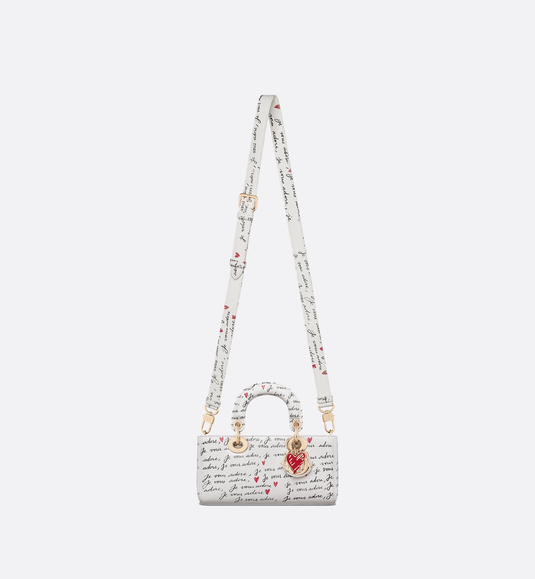 Dioramour Small Lady D-Joy Bag White Calfskin With Black And Red Je Vous Adore Print