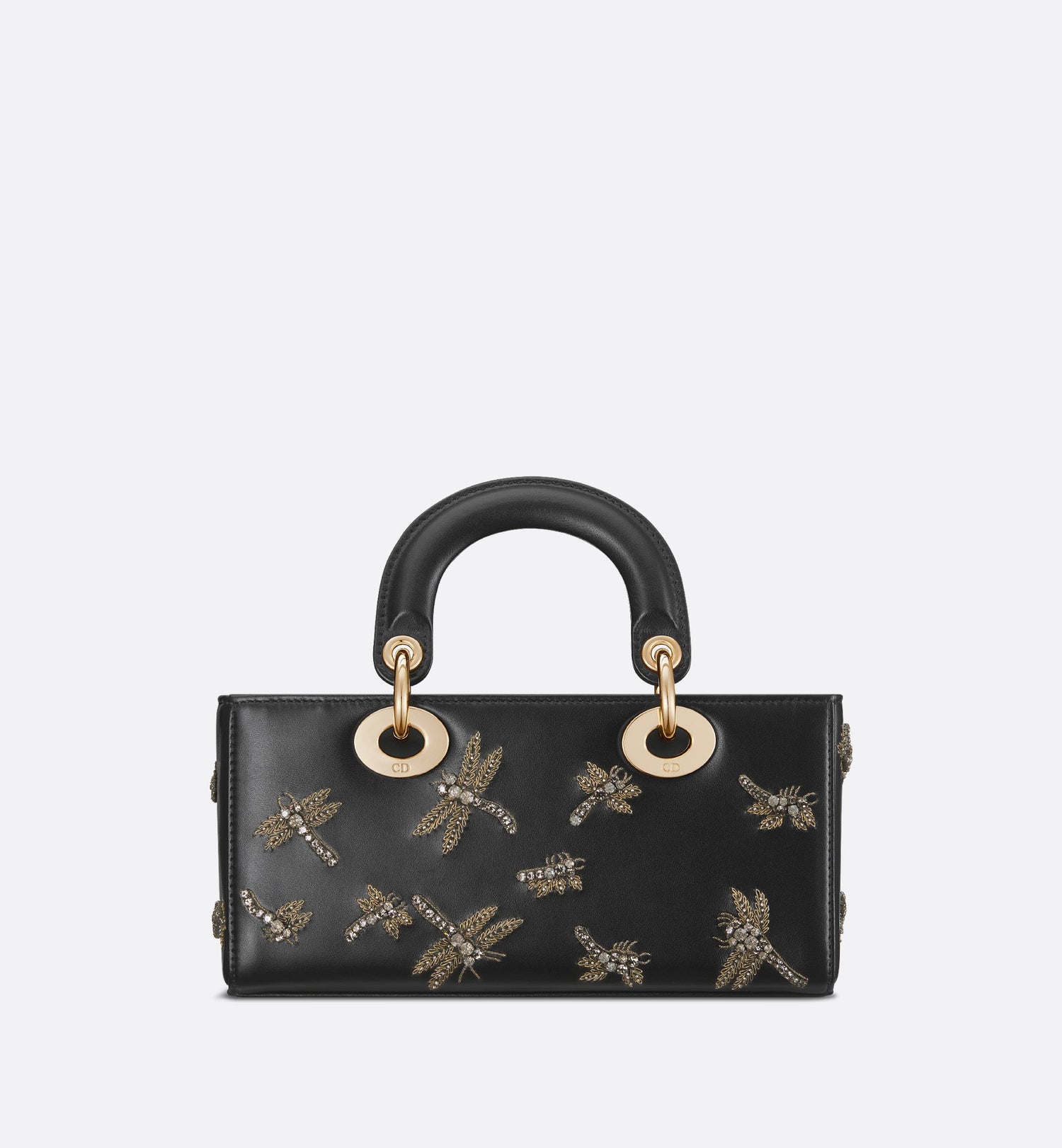 Small Lady D-Joy Bag Black Lambskin Embroidered With Dragonflies