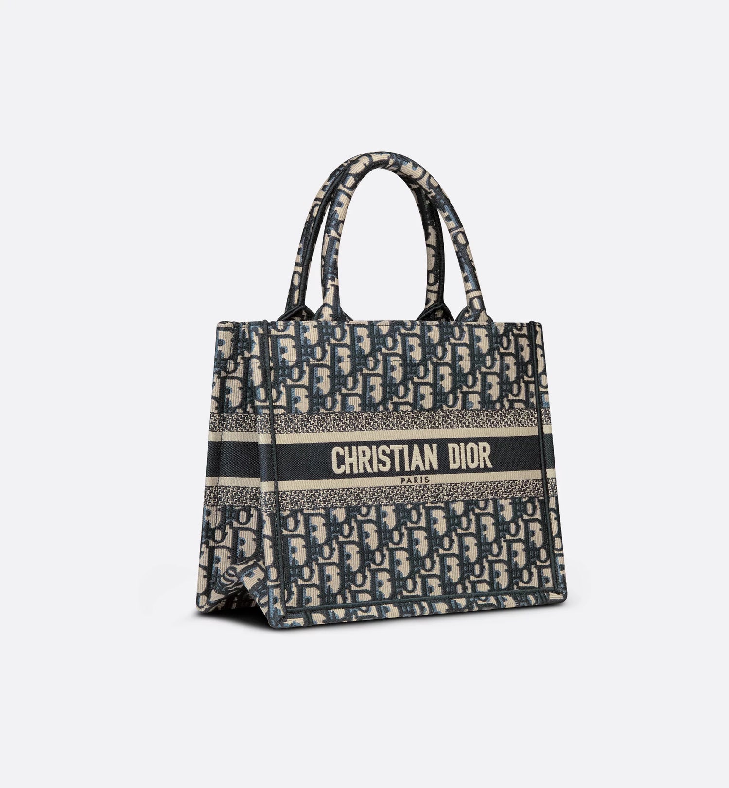 Small Dior Book Tote Ecru and Blue Dior Oblique Embroidery 26.5 x 22 Sands