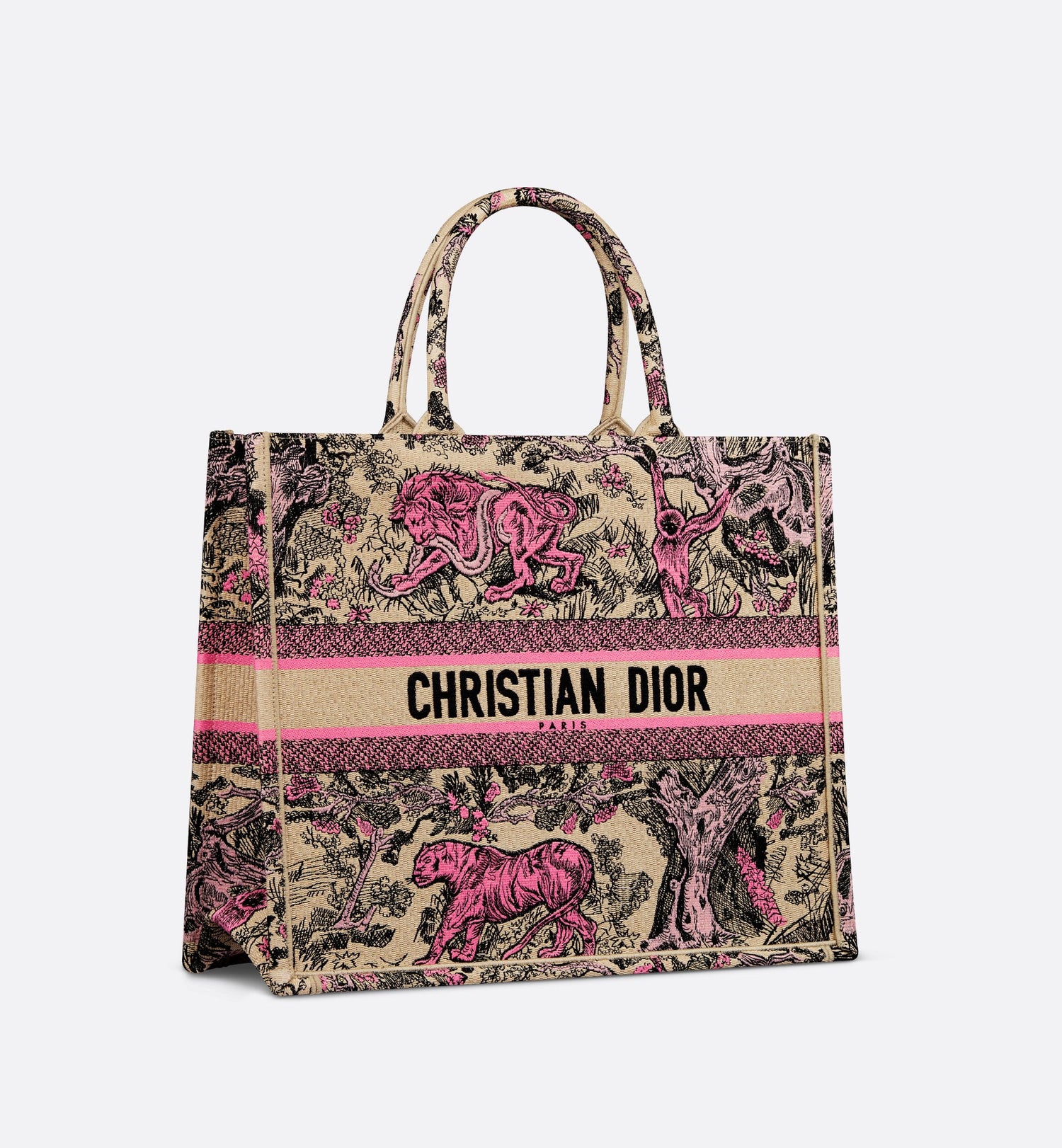 Large Dioriviera Dior Book Tote Raffia With Candy Pink Toile De Jouy Sauvage Embroidery