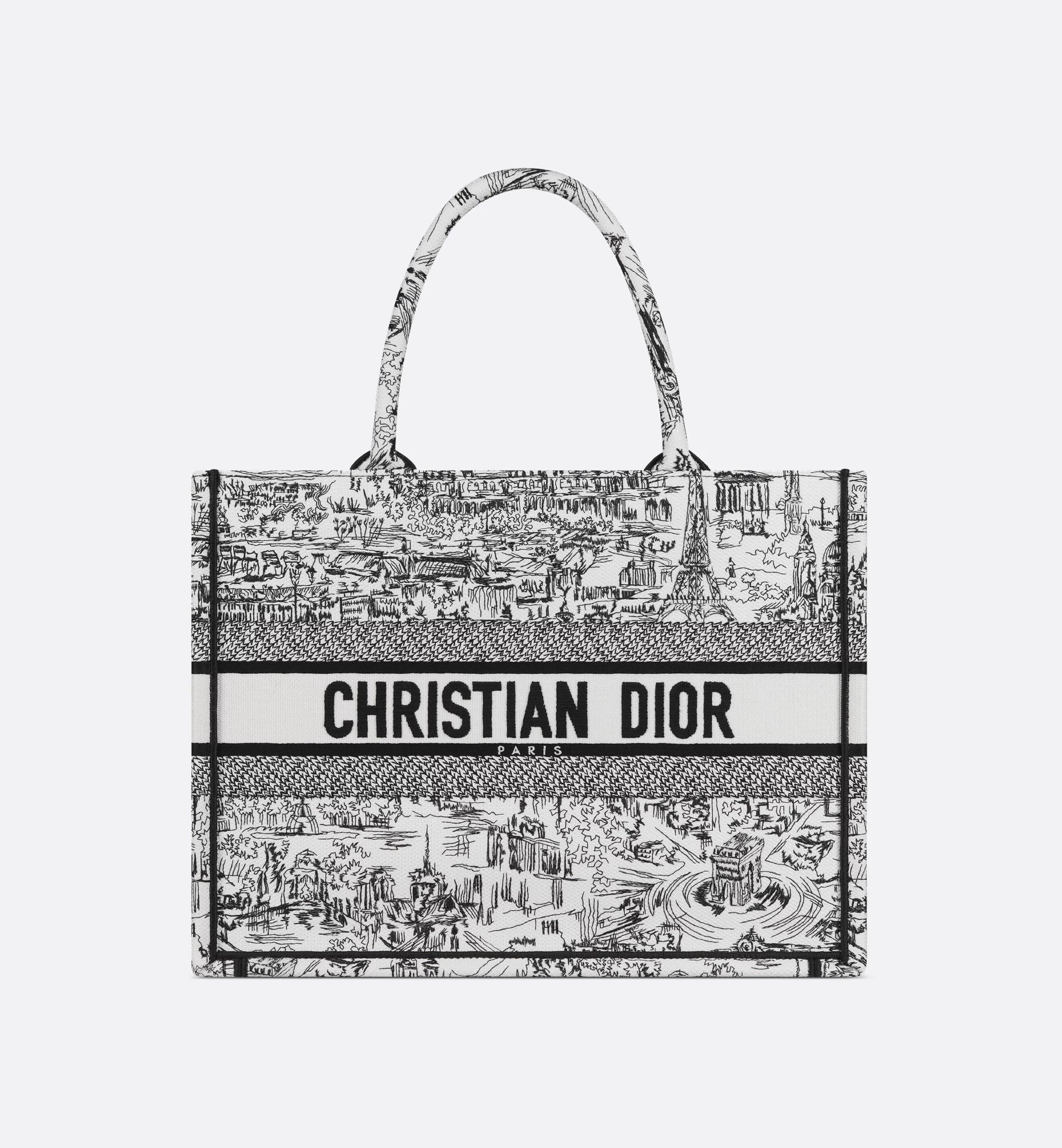 Medium Dior Book Tote White and Black Paris Allover Embroidery