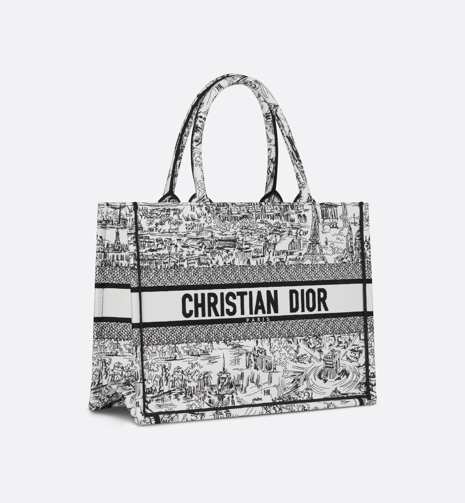 Medium Dior Book Tote White and Black Paris Allover Embroidery