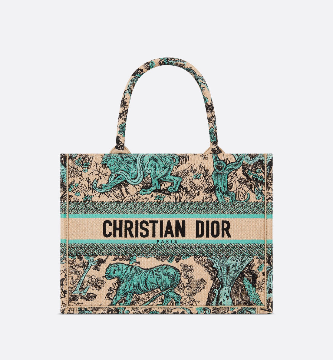 Medium Dioriviera Dior Book Tote Raffia With Aquamarina Toile De Jouy Sauvage Embroidery