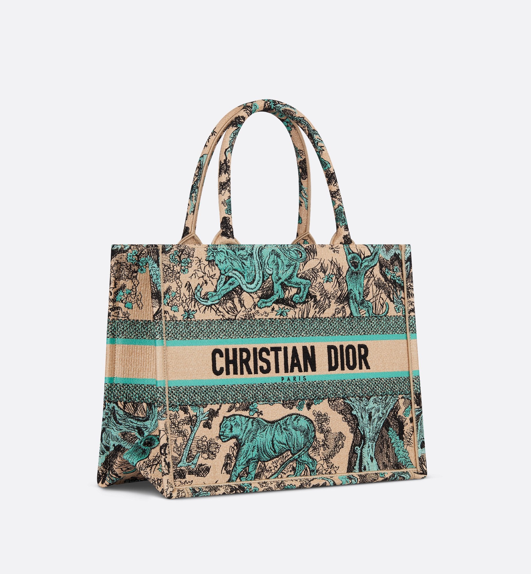 Medium Dioriviera Dior Book Tote Raffia With Aquamarina Toile De Jouy Sands