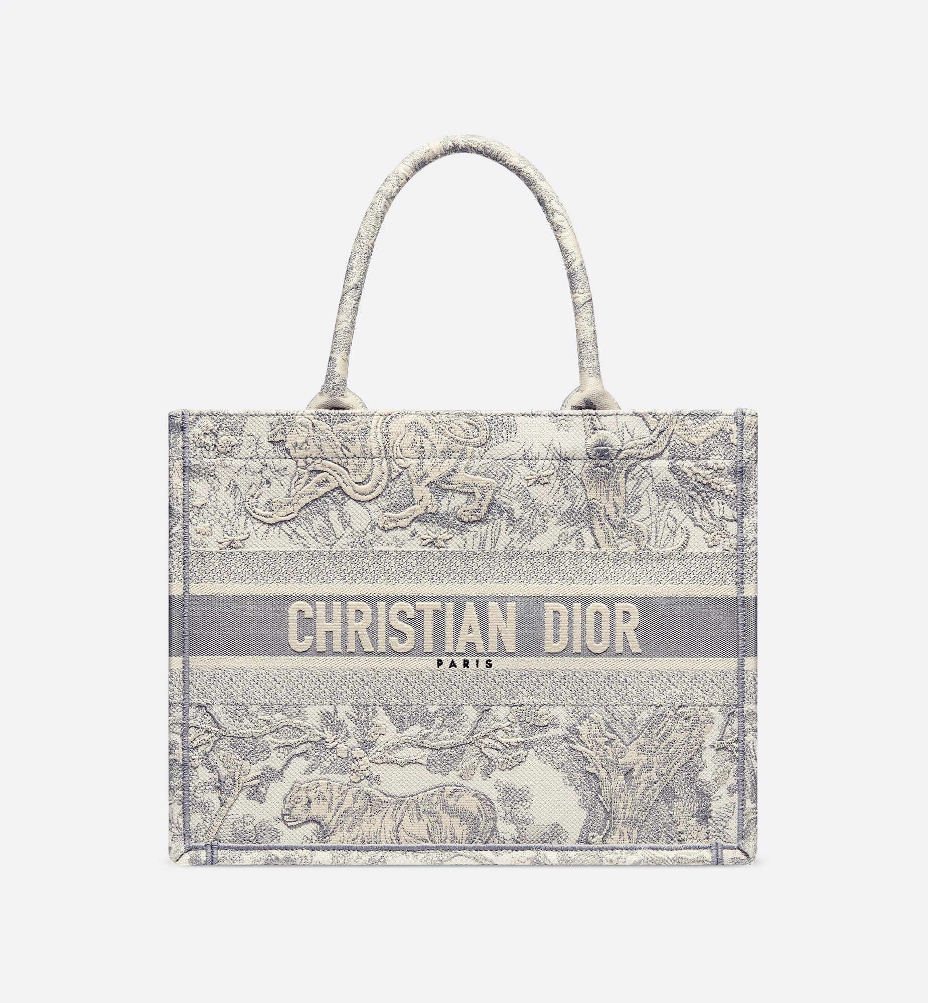 Medium Dior Book Tote Ecru and Gray Toile de Jouy Embroidery