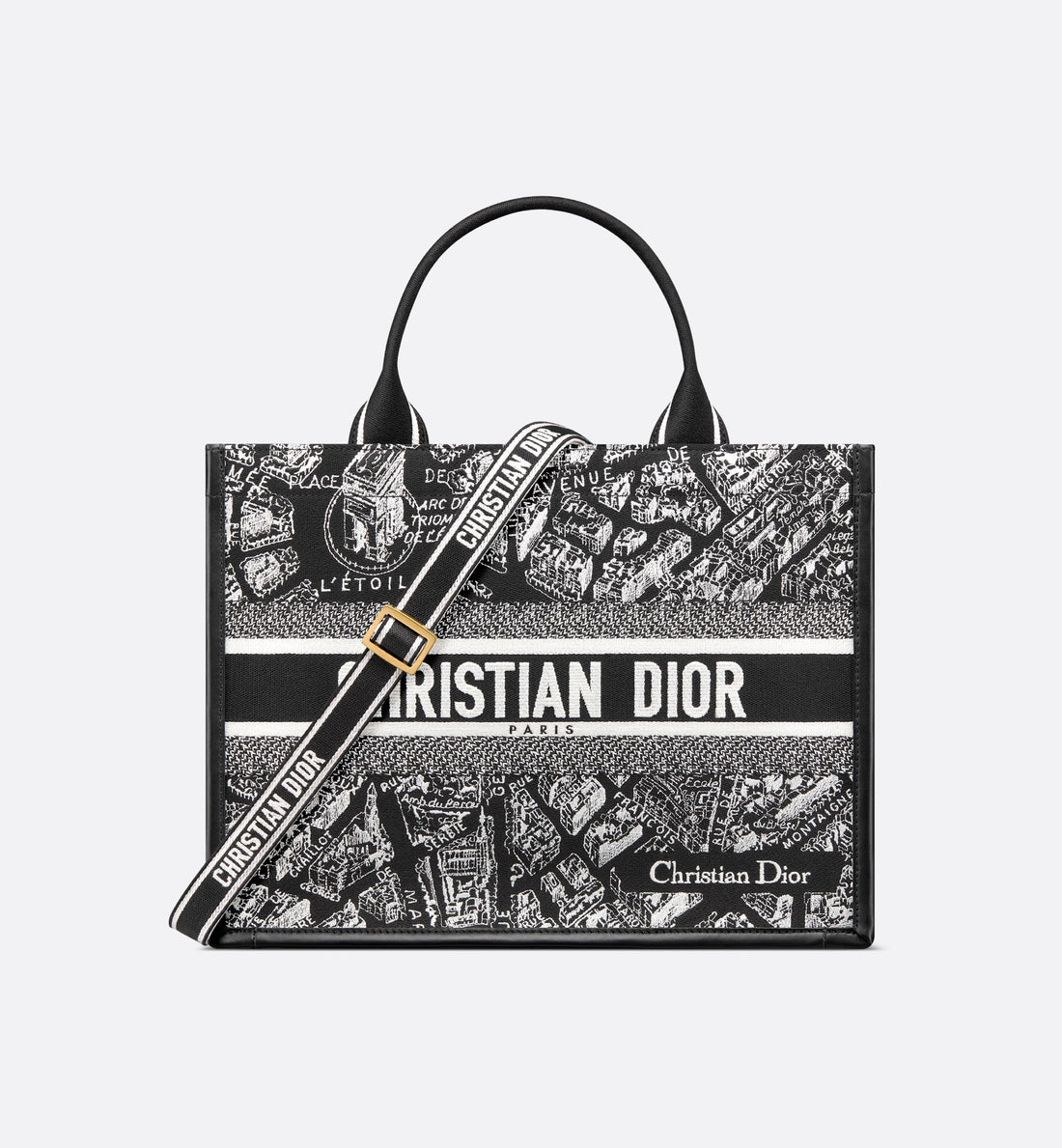 Medium Dior Book Tote Black and White Plan de Paris Embroidery with Black Calfskin