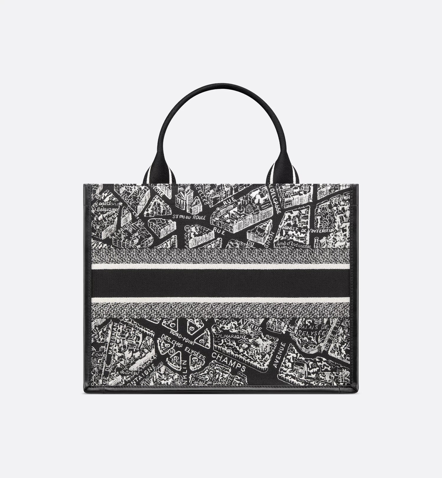 Medium Dior Book Tote Black and White Plan de Paris Embroidery with Black Calfskin