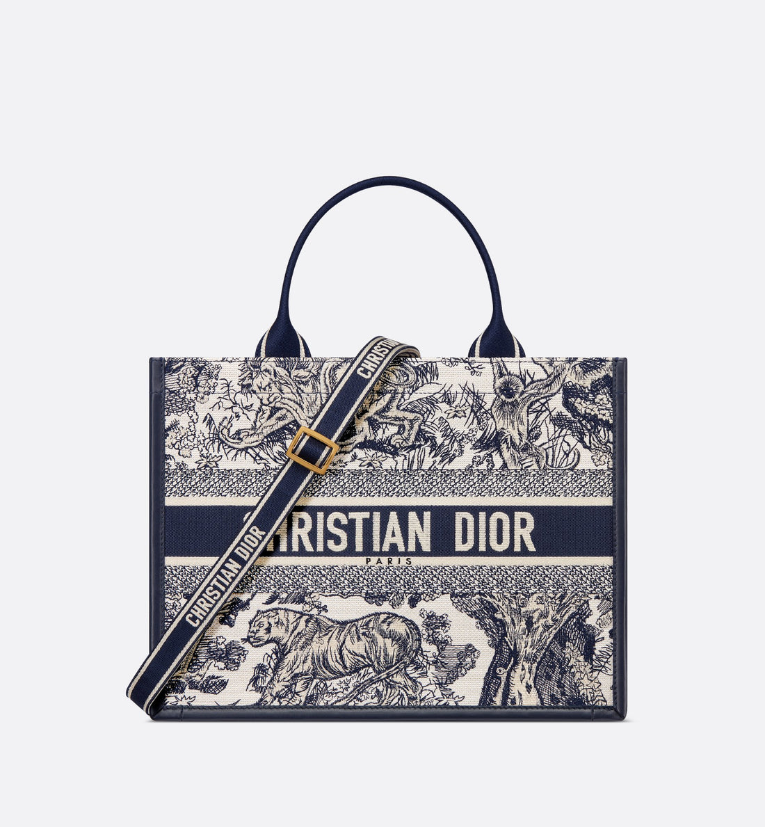 Medium Dior Book Tote White And Navy Blue Toile De Jouy Sauvage Embroidery With Navy Blue Calfskin