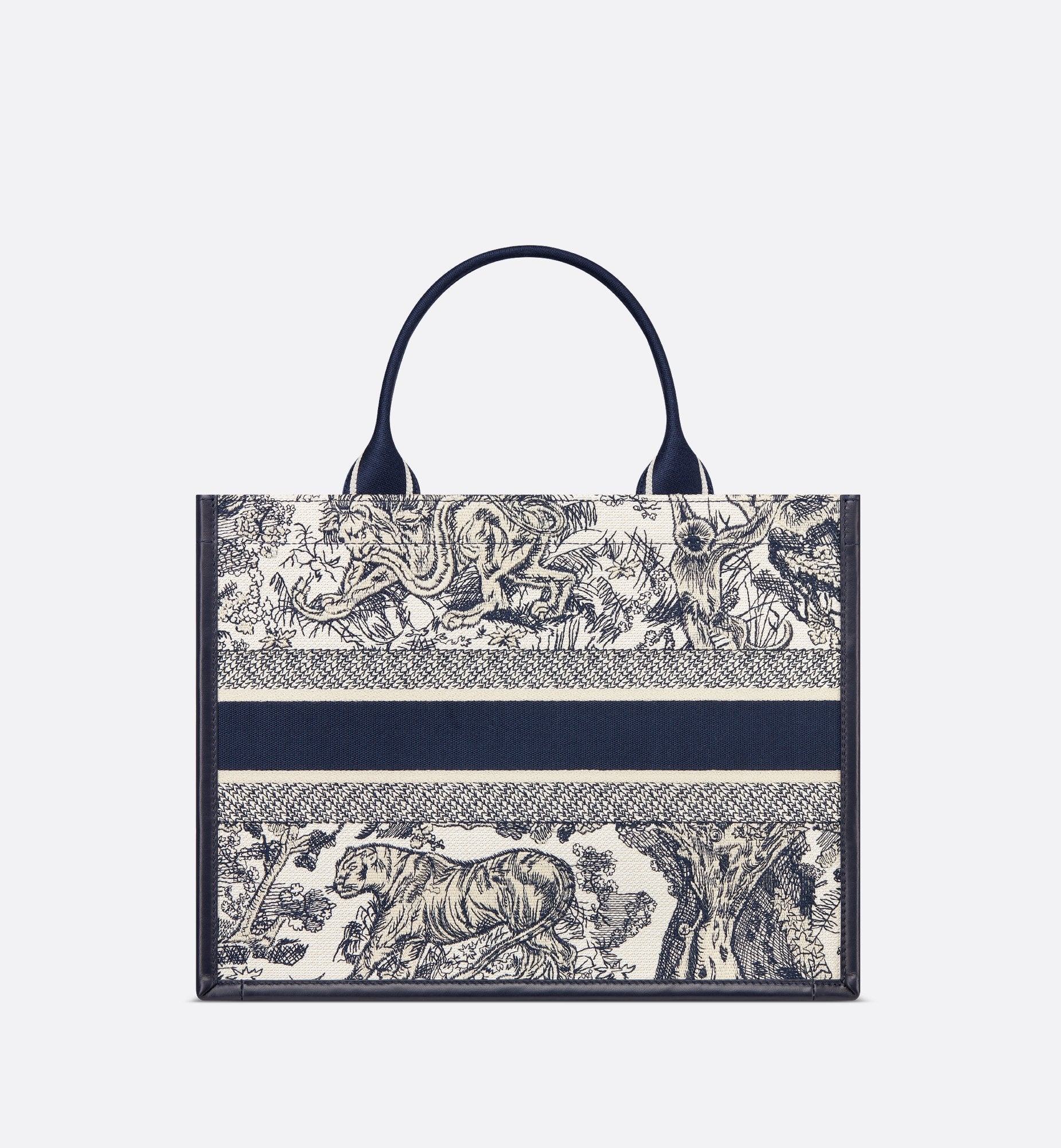 Medium Dior Book Tote White And Navy Blue Toile De Jouy Sauvage Embroidery With Navy Blue Calfskin