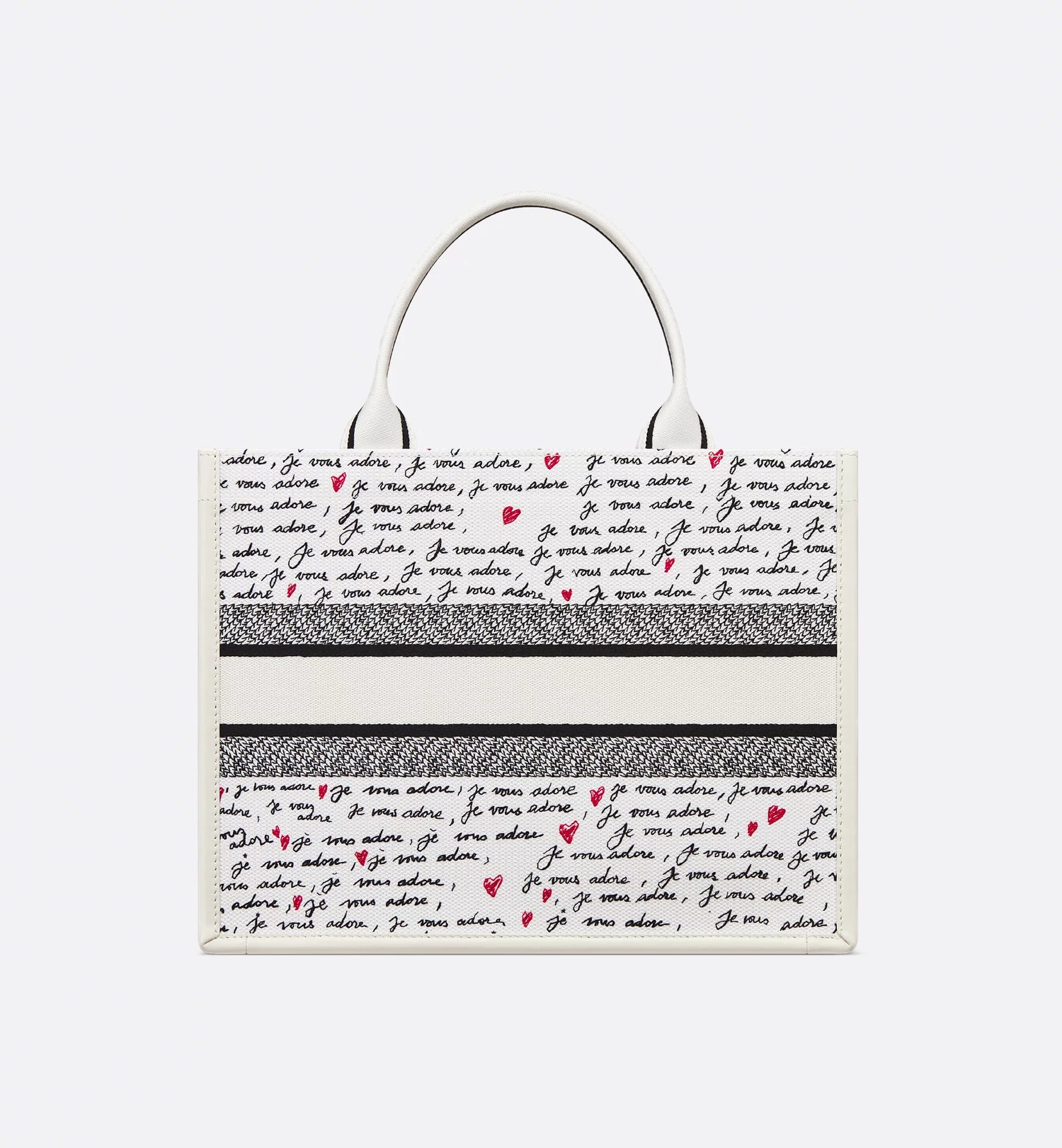 Dioramour Medium Dior Book Tote White Embroidery with Black and Red Je Vous Adore Motif and White Calfskin