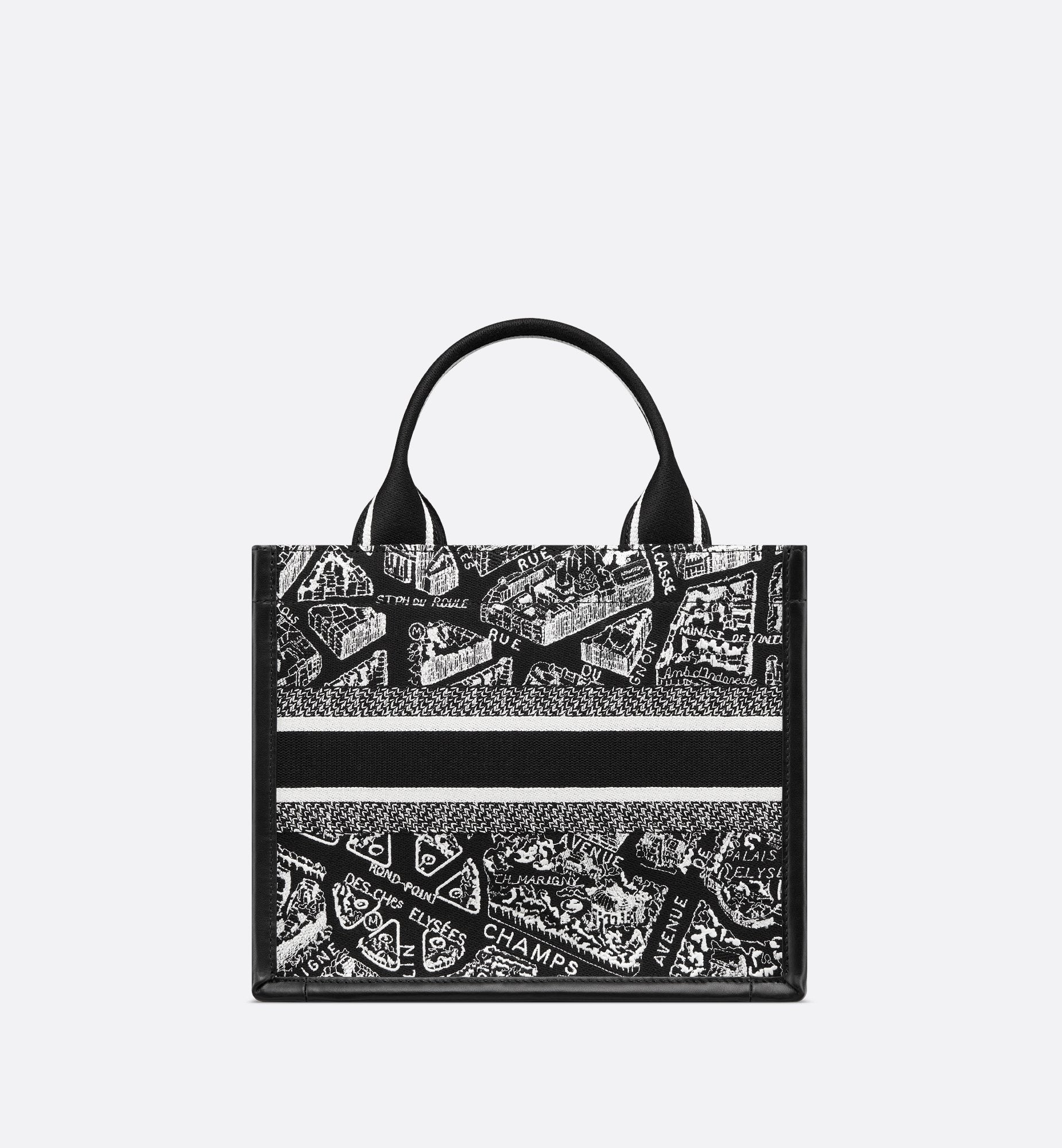 Small Dior Book Tote Black And White Plan De Paris Embroidery With Black Calfskin