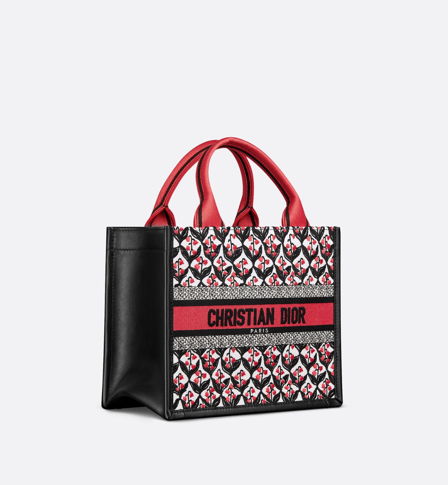 Dioramour Small Dior Book Tote White Black And Red Dior Lily Of The Valley Embroidery With Black Calfskin