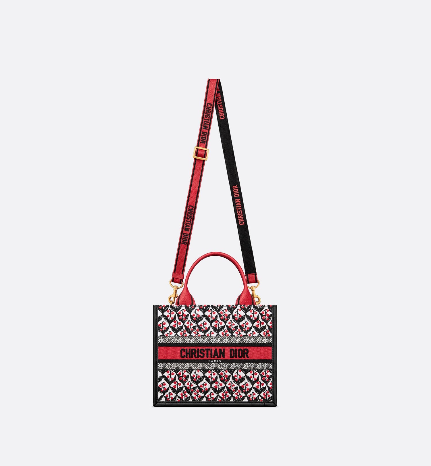 Dioramour Small Dior Book Tote White Black And Red Dior Lily Of The Valley Embroidery With Black Calfskin