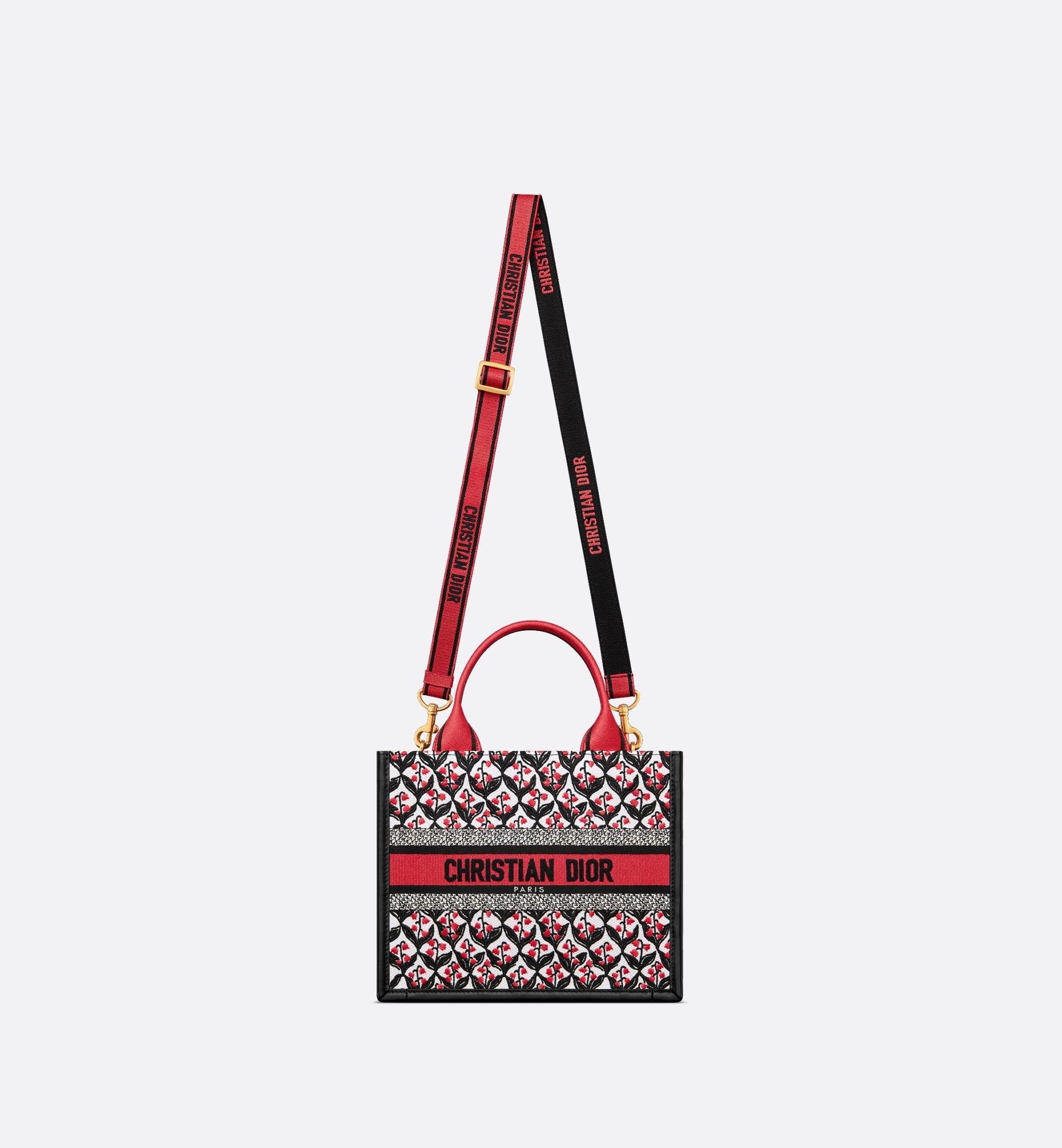 Dioramour Small Dior Book Tote White Black And Red Dior Lily Of The Valley Embroidery With Black Calfskin