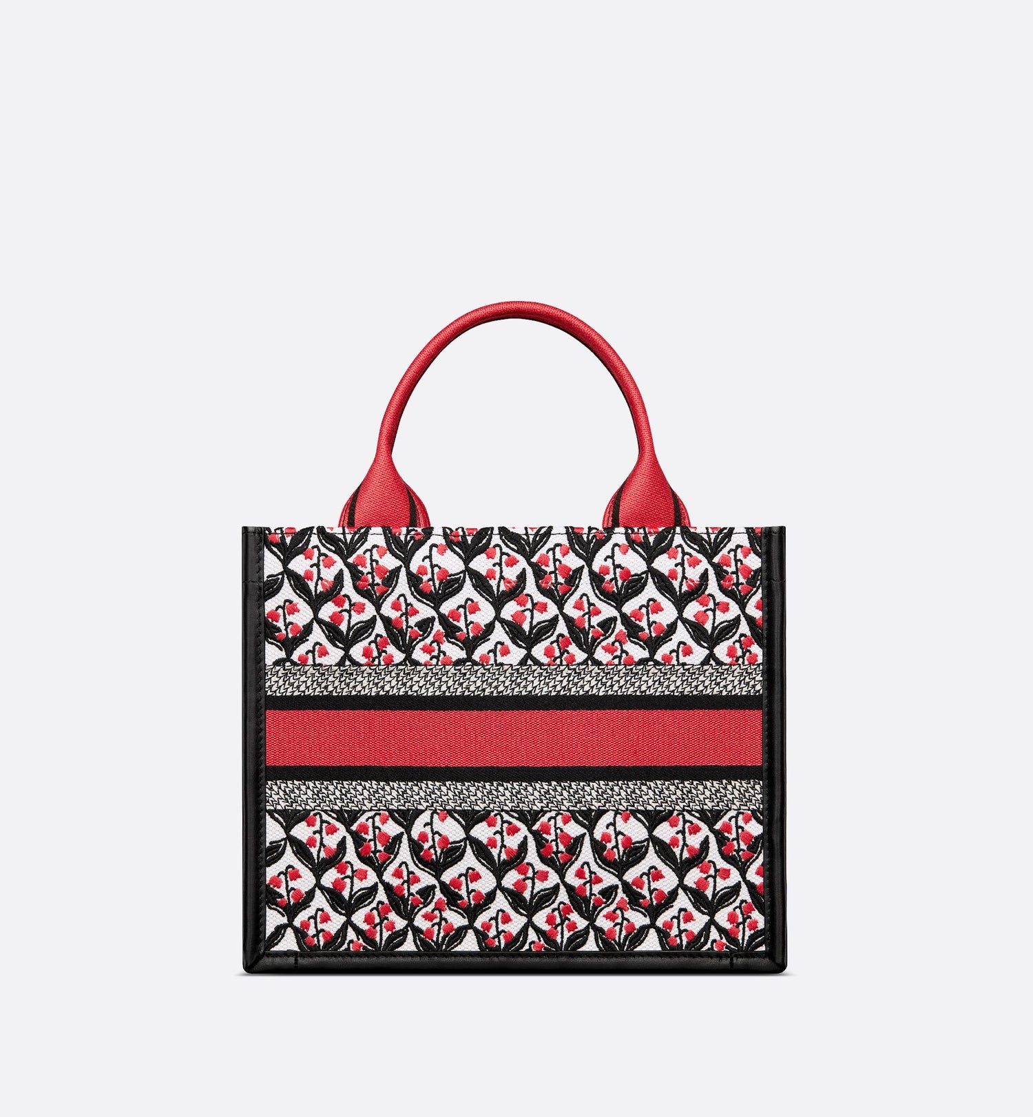 Dioramour Small Dior Book Tote White Black And Red Dior Lily Of The Valley Embroidery With Black Calfskin