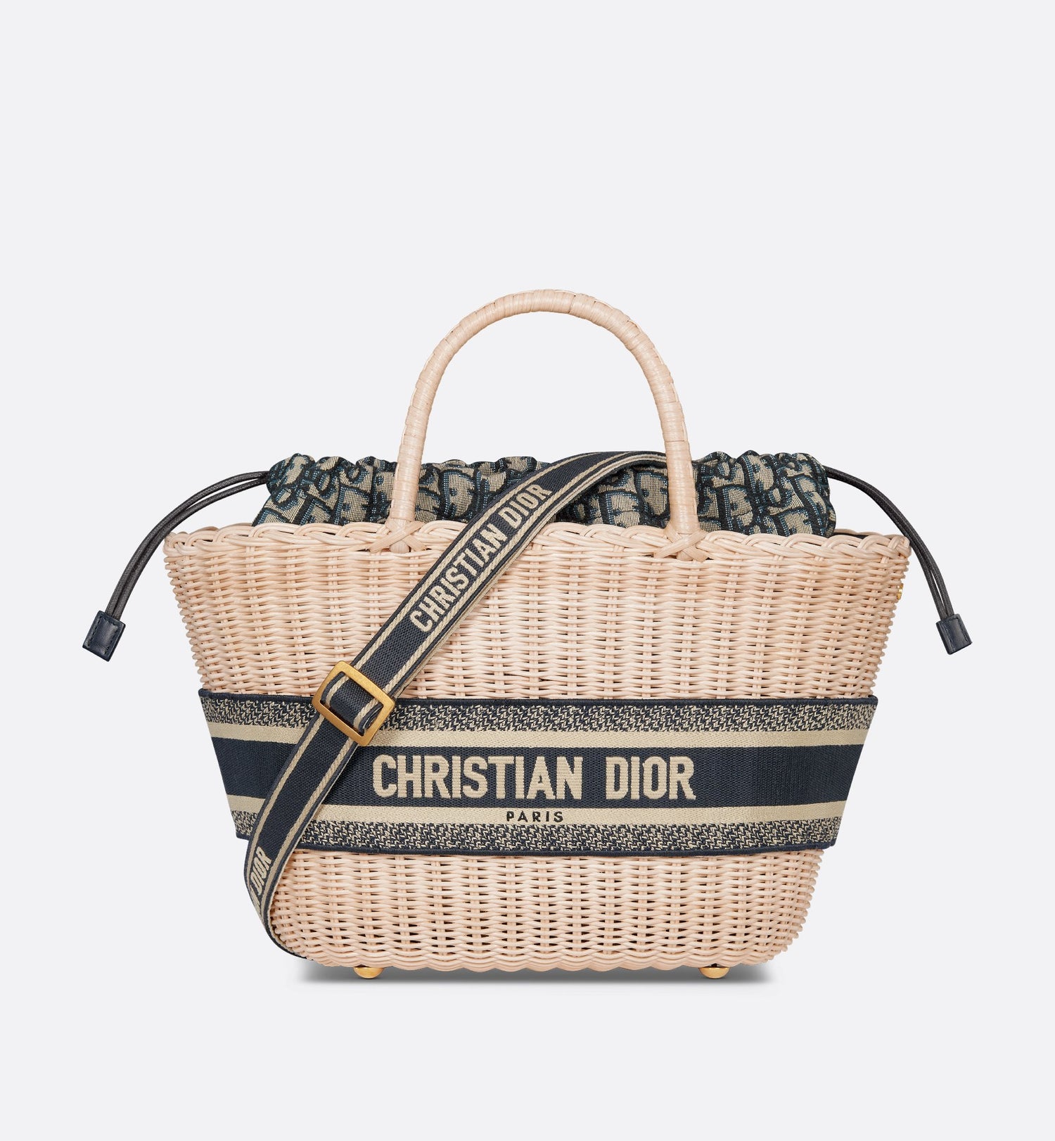 Hat Basket Bag Natural Wicker And Blue Dior Oblique Jacquard