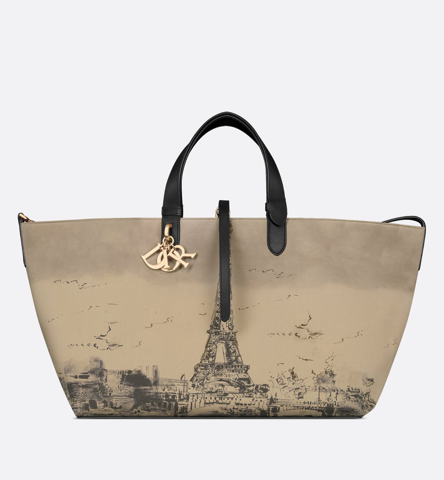 Large Dior Toujours Bag Beige And Black Water Repellent Fabric With Paris Print