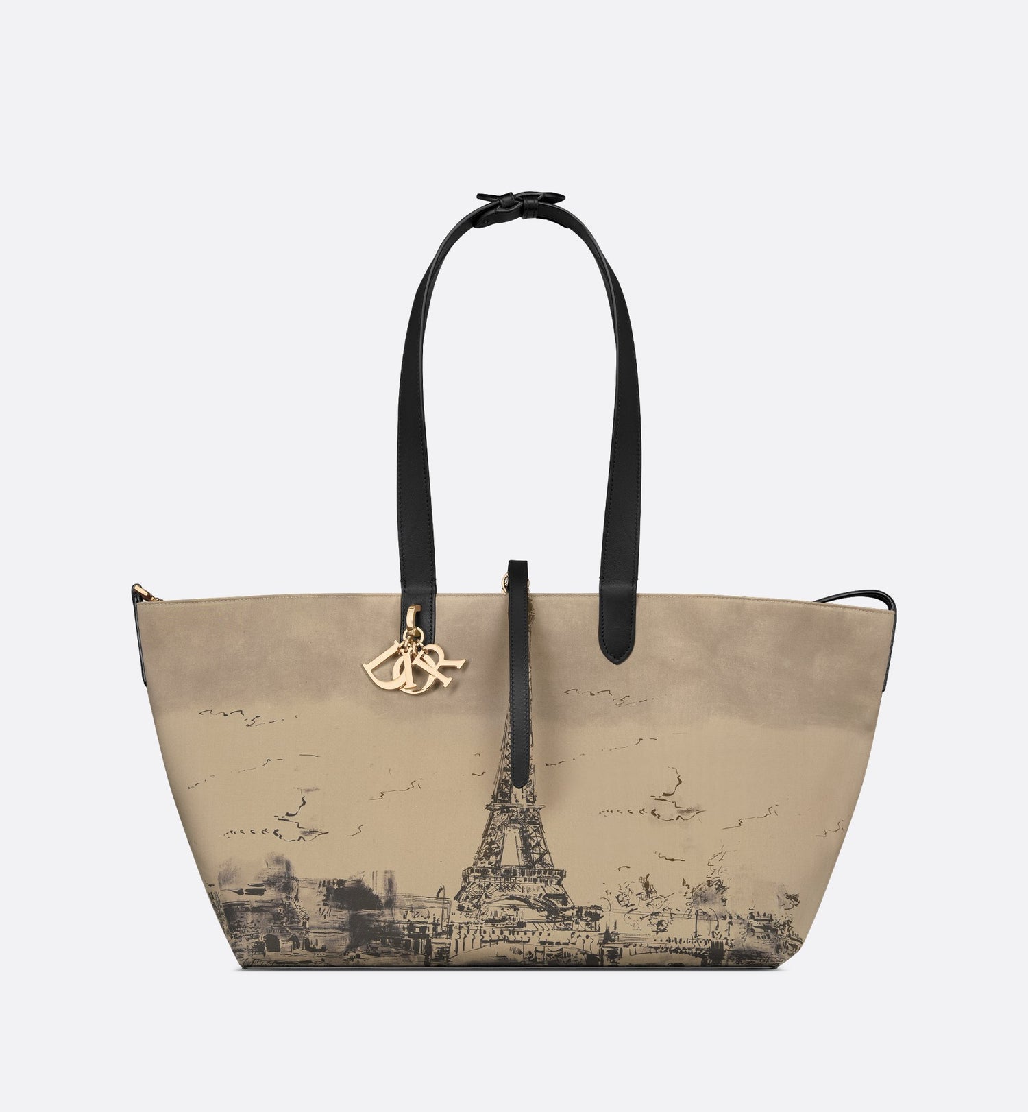 Large Dior Toujours Bag Beige And Black Water Repellent Fabric With Paris Print