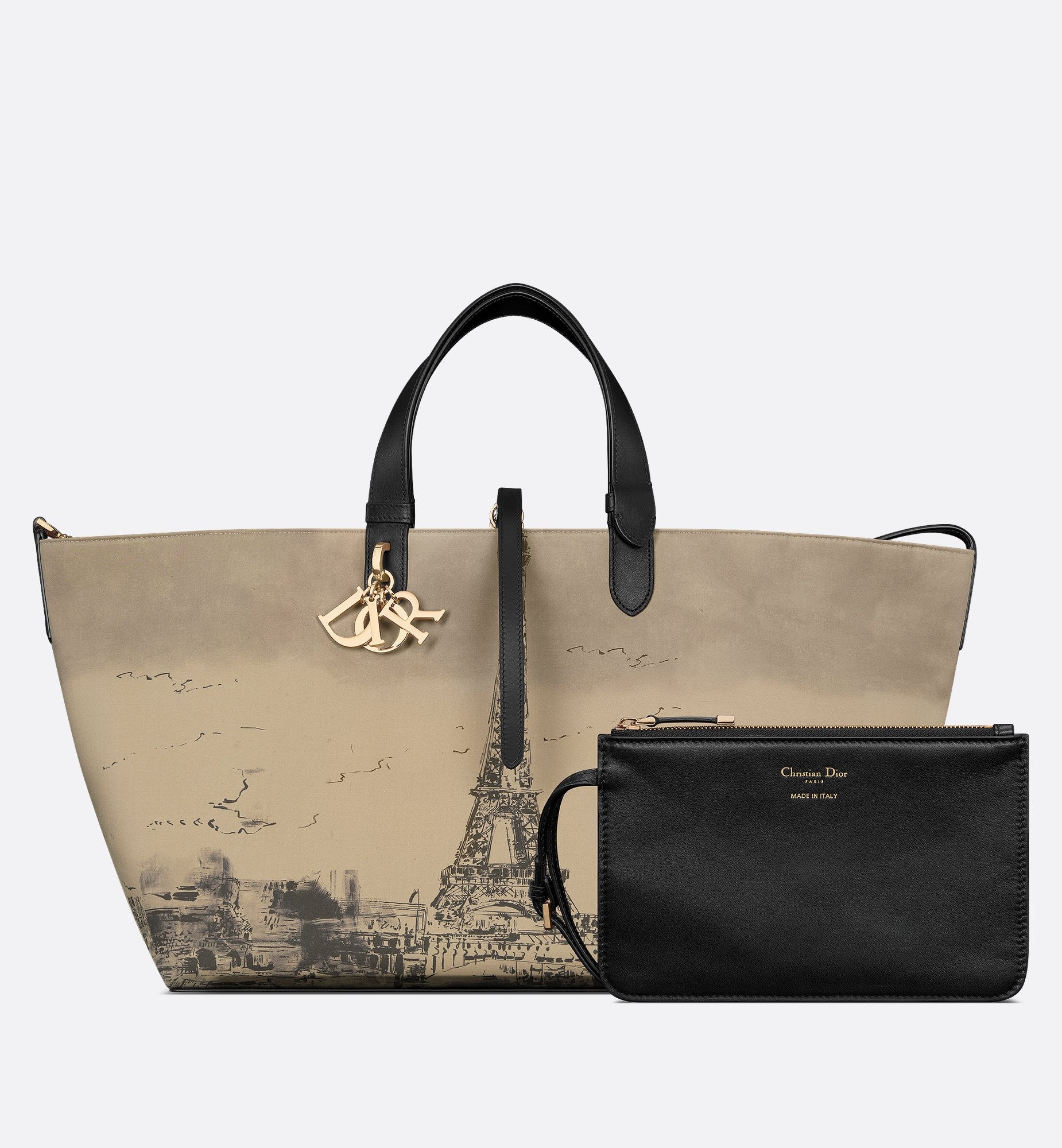 Large Dior Toujours Bag Beige And Black Water Repellent Fabric With Paris Print