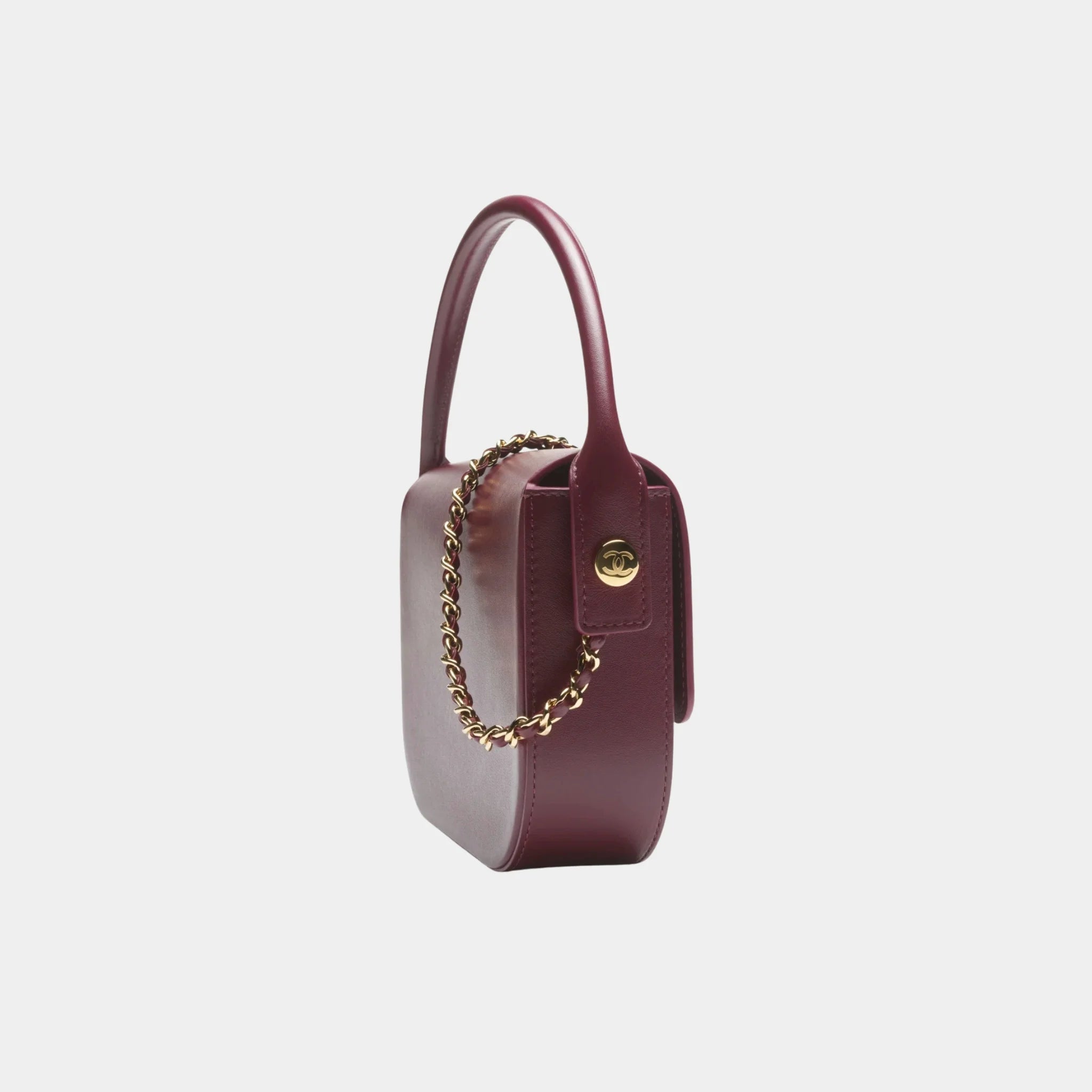 Mini Flap Bag with Top Handle in Dark Burgundy Shiny Calfskin