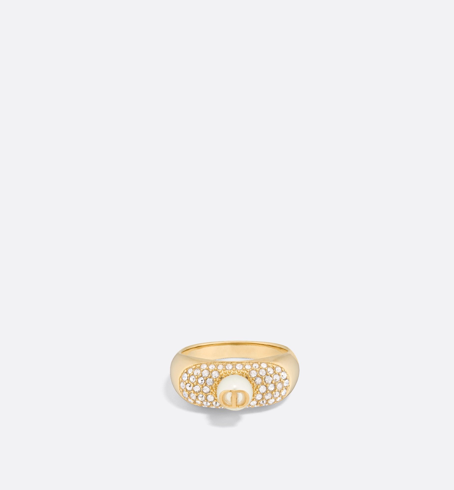 D Fusion Ring Gold Finish Metal With A White Resin Pearl And Silver-Tone Crystals