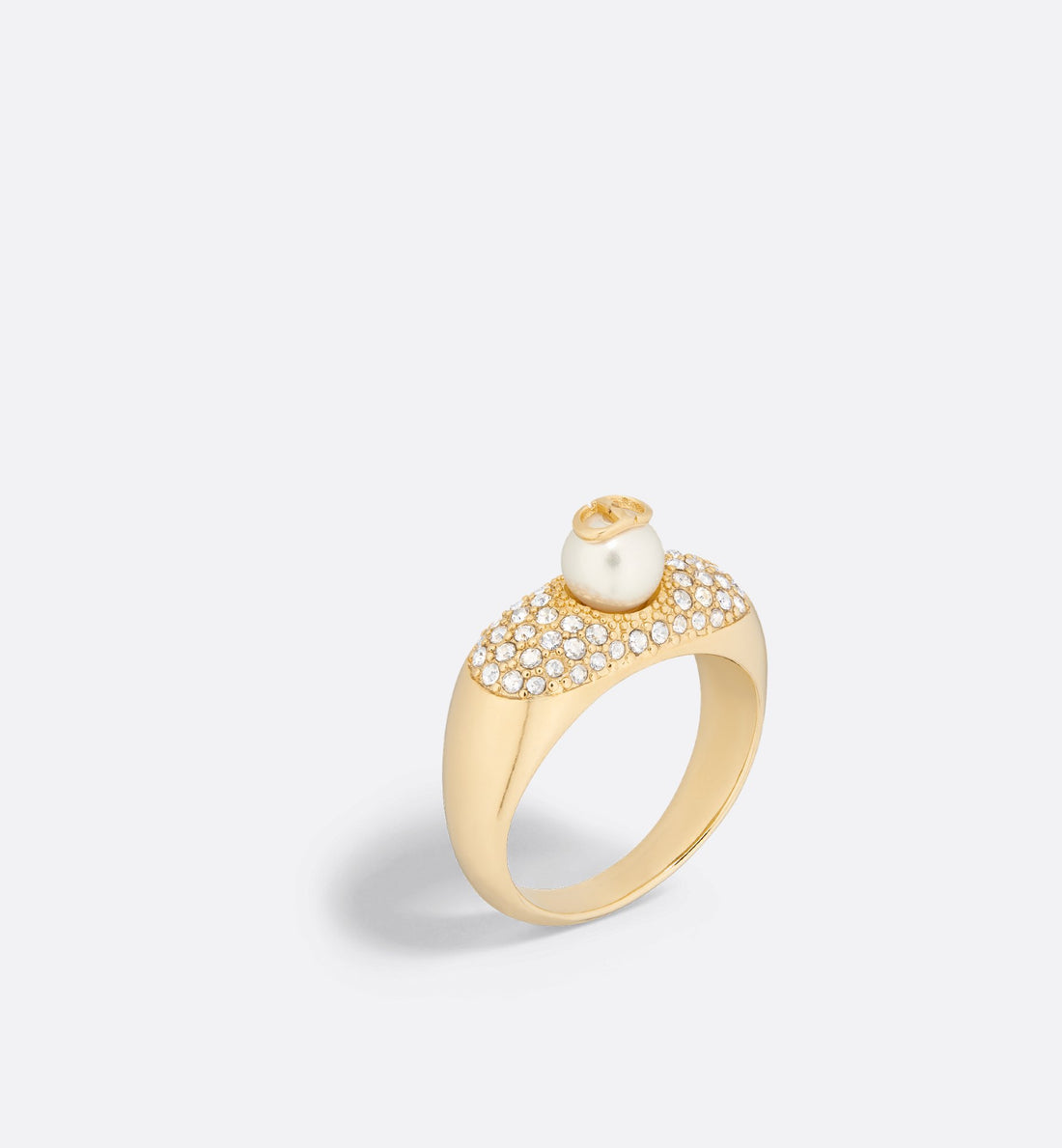 D Fusion Ring Gold Finish Metal With A White Resin Pearl And Silver-Tone Crystals