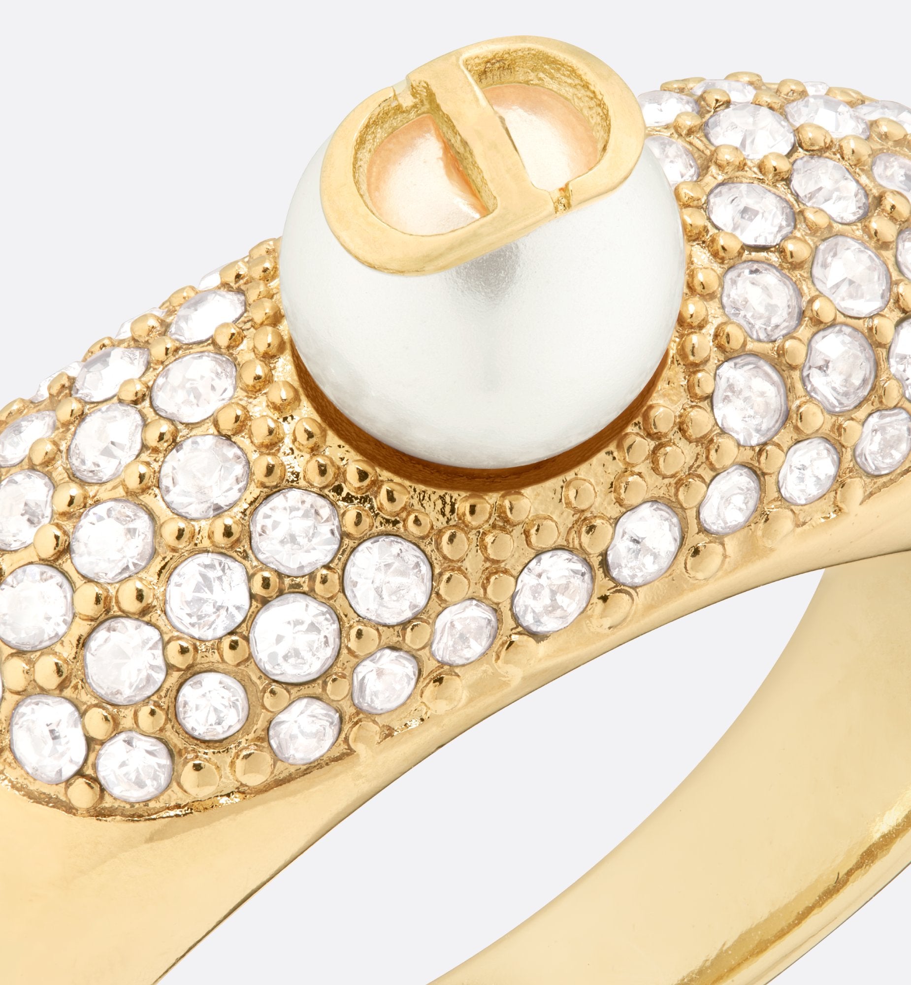 D Fusion Ring Gold Finish Metal With A White Resin Pearl And Silver-Tone Crystals